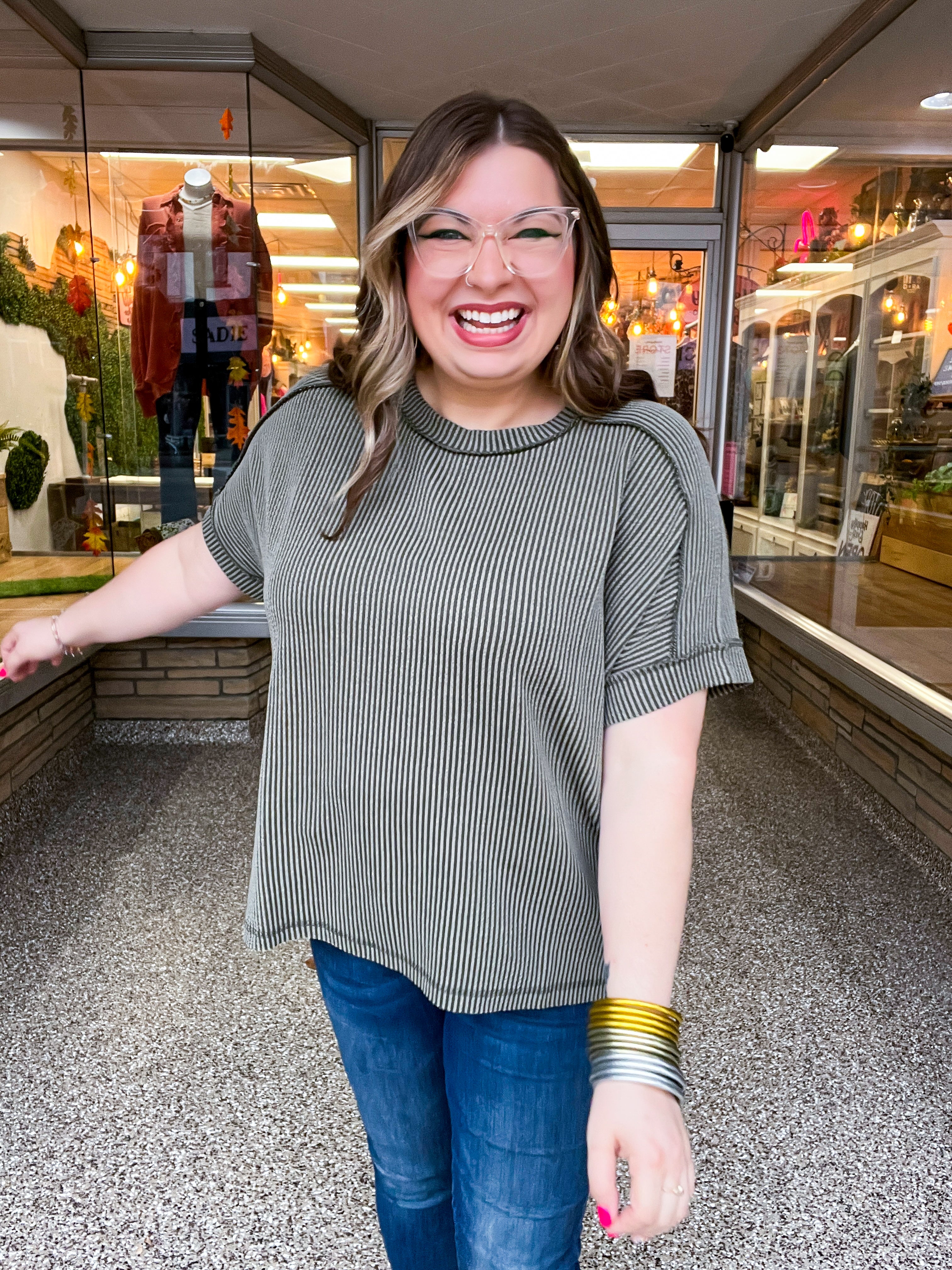 The Textured Take Raised Rib Short Sleeve Top in Olive