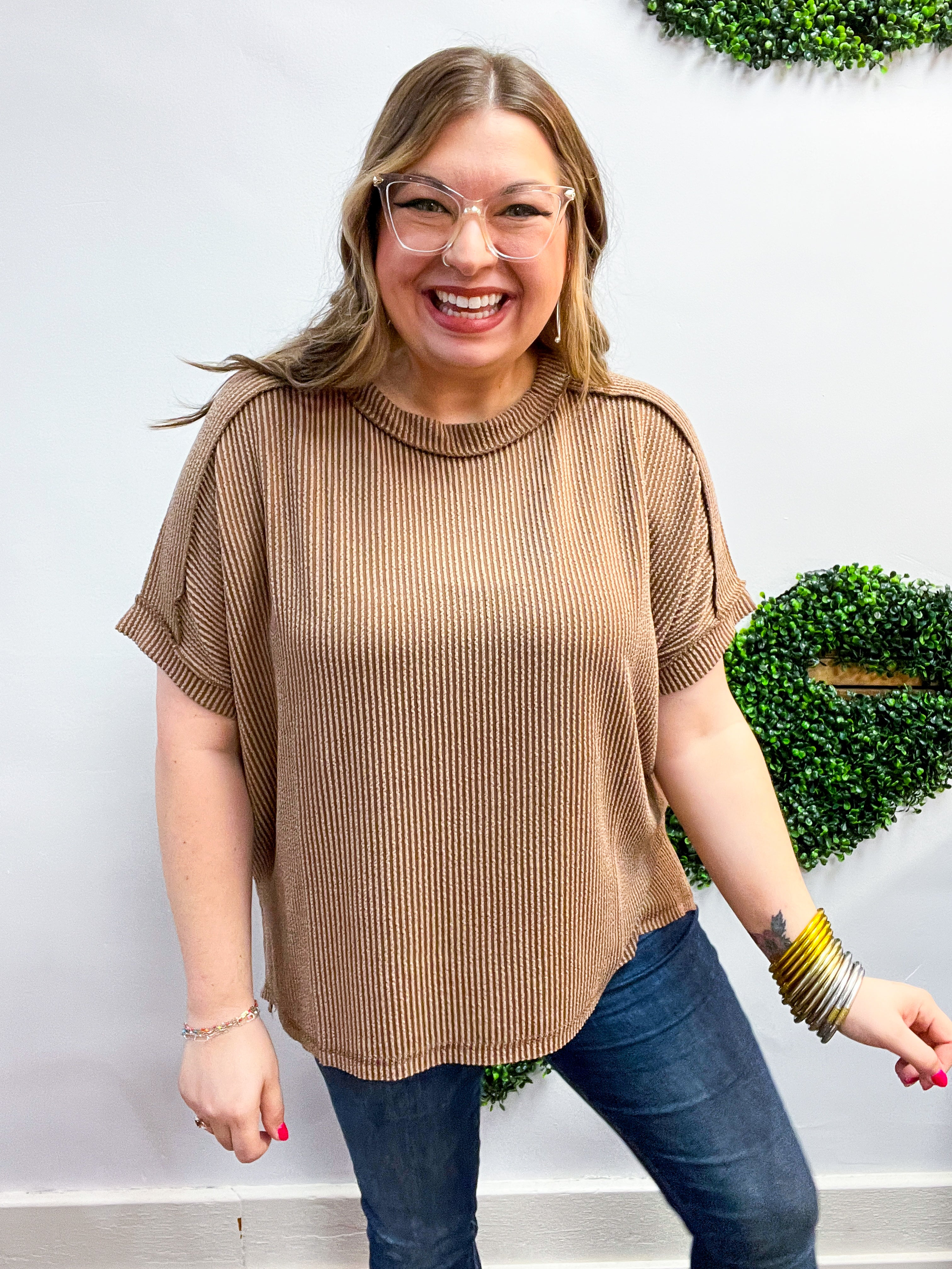 The Textured Take Raised Rib Short Sleeve Top in Deep Camel