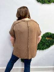 The Textured Take Raised Rib Short Sleeve Top in Deep Camel