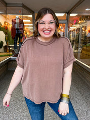 The Textured Take Raised Rib Short Sleeve Top in Deep Camel