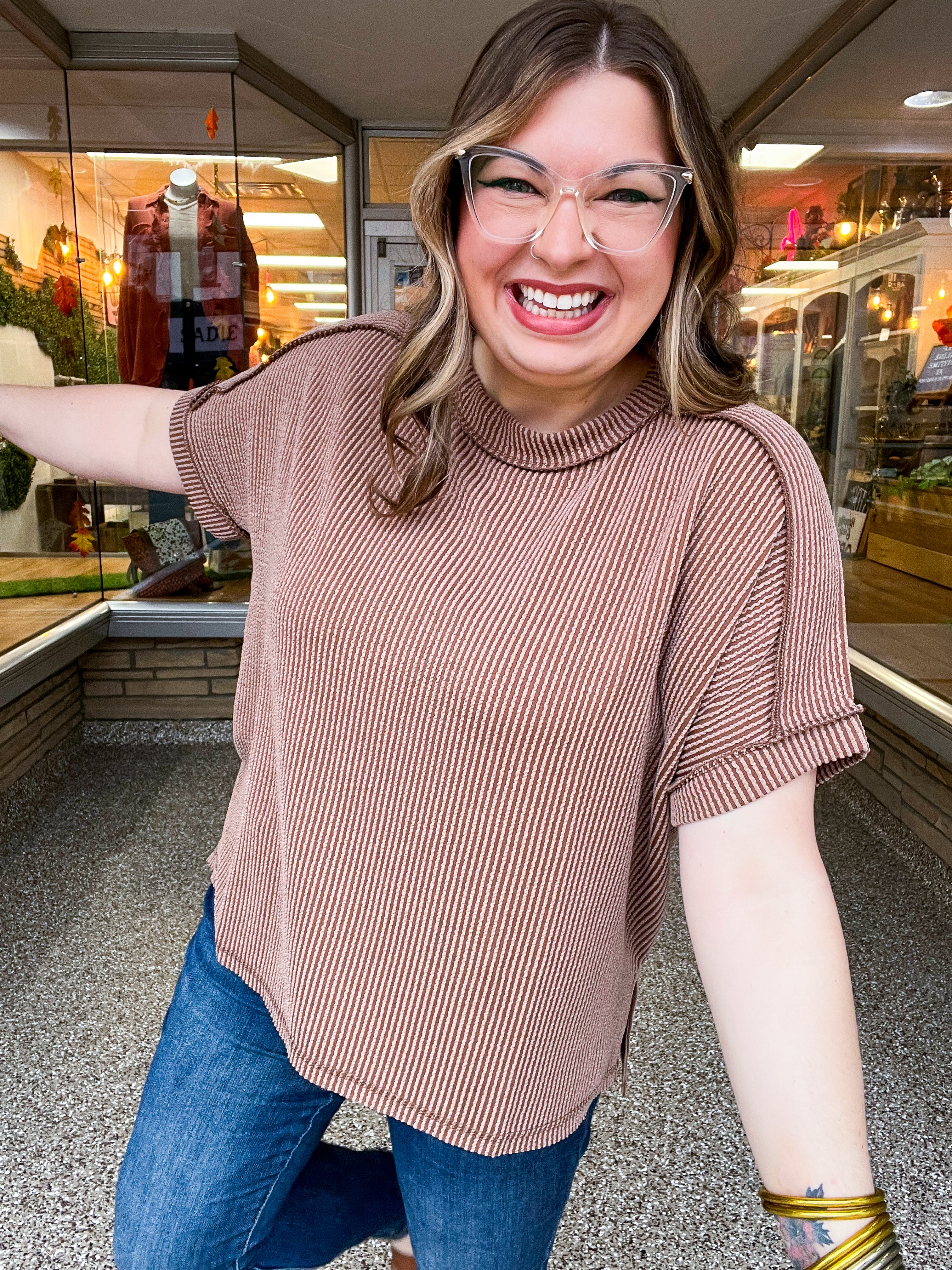 The Textured Take Raised Rib Short Sleeve Top in Deep Camel