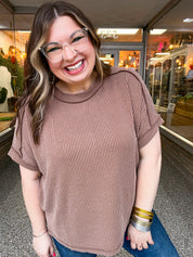 The Textured Take Raised Rib Short Sleeve Top in Deep Camel