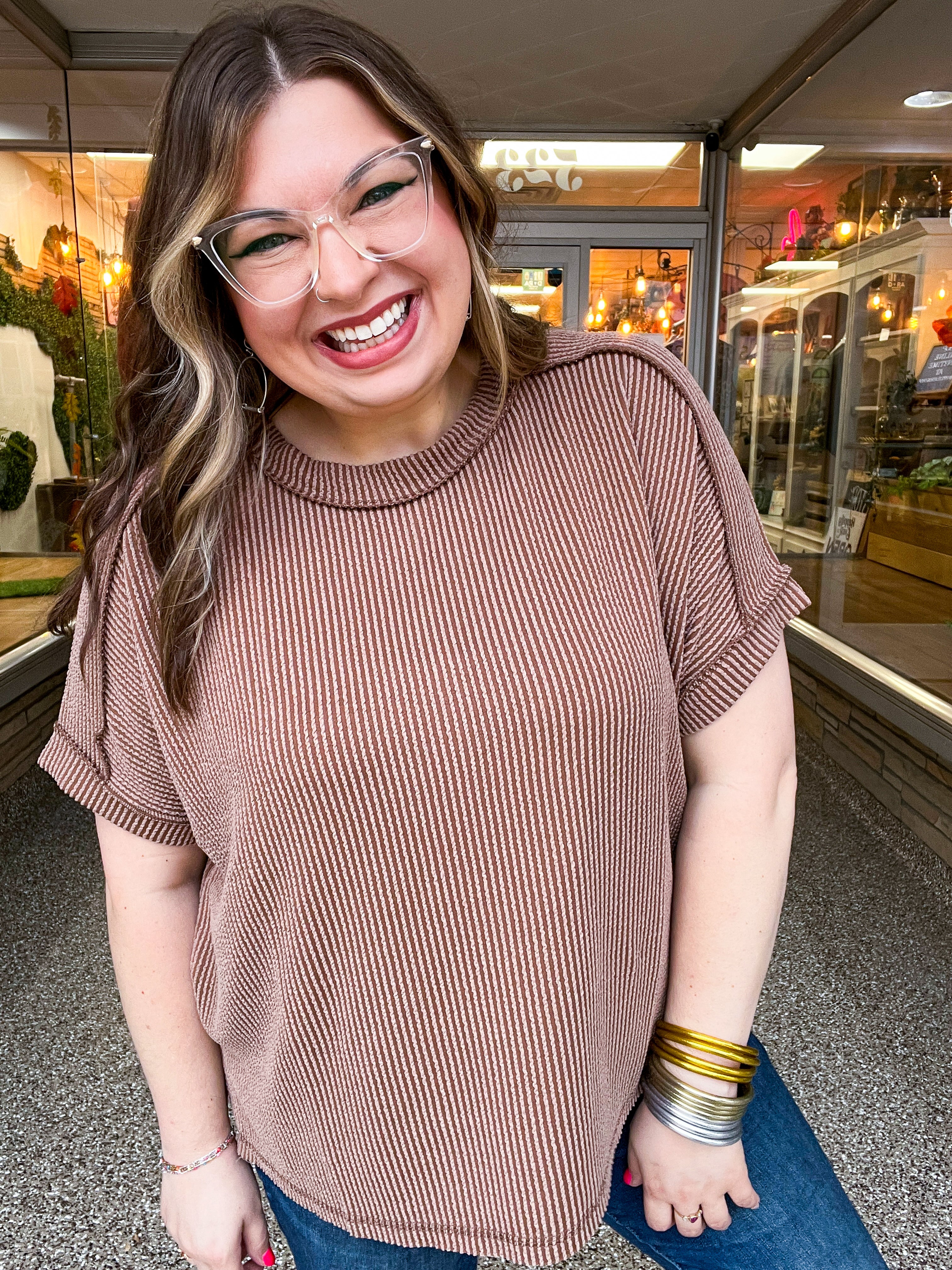 The Textured Take Raised Rib Short Sleeve Top in Deep Camel
