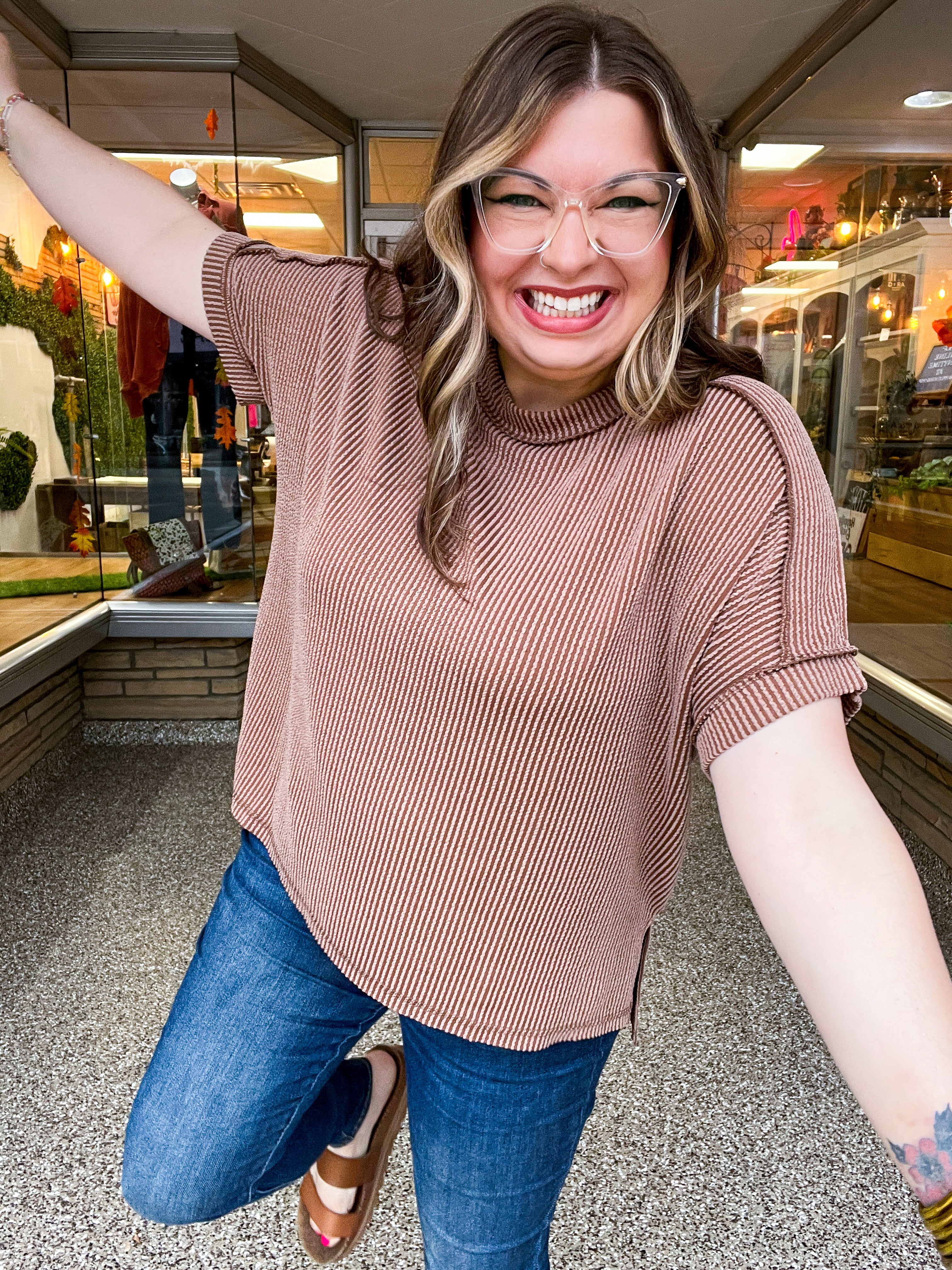 The Textured Take Raised Rib Short Sleeve Top in Deep Camel