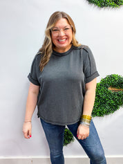 The Textured Take Raised Rib Short Sleeve Top in Charcoal