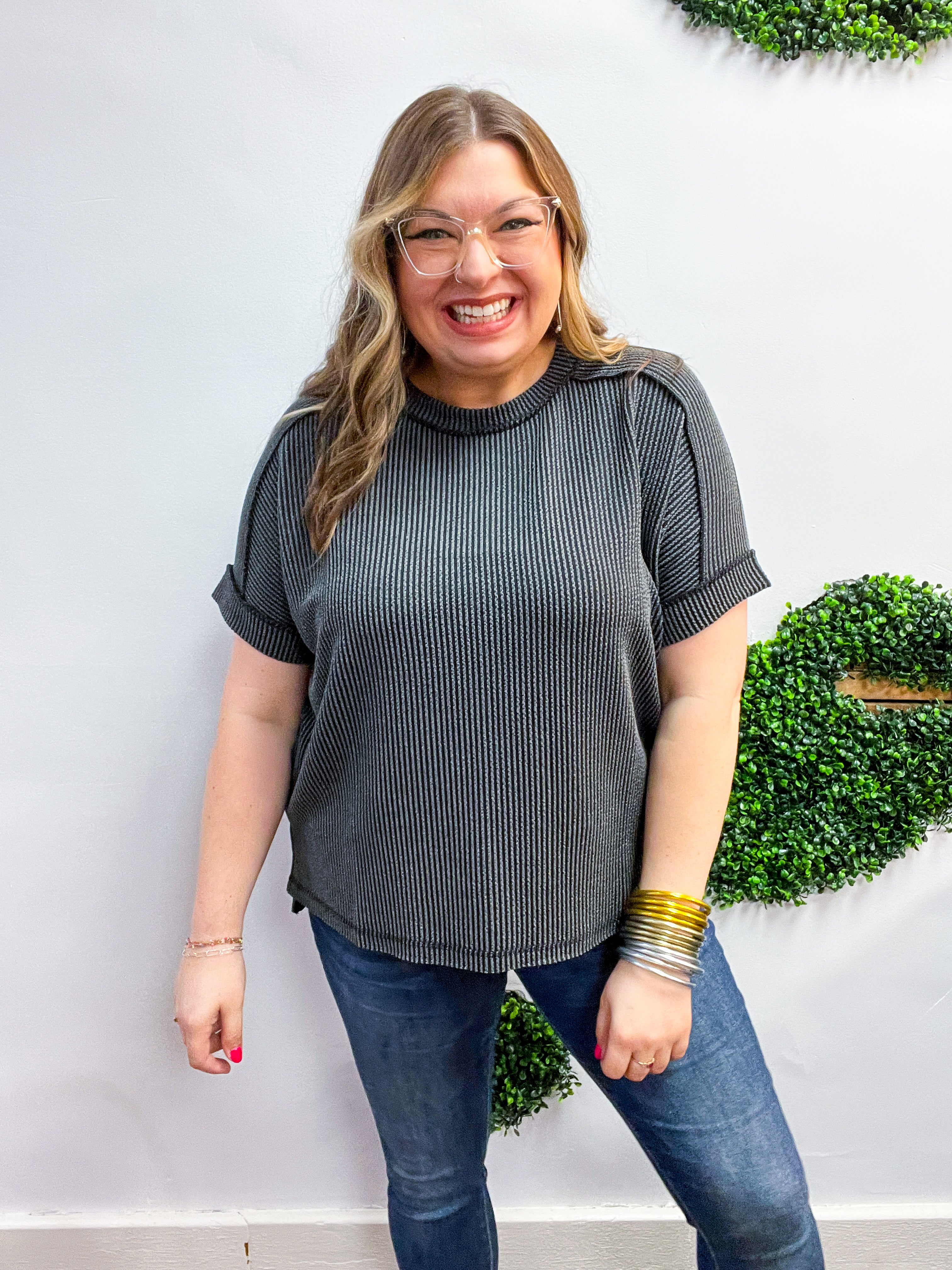 The Textured Take Raised Rib Short Sleeve Top in Charcoal