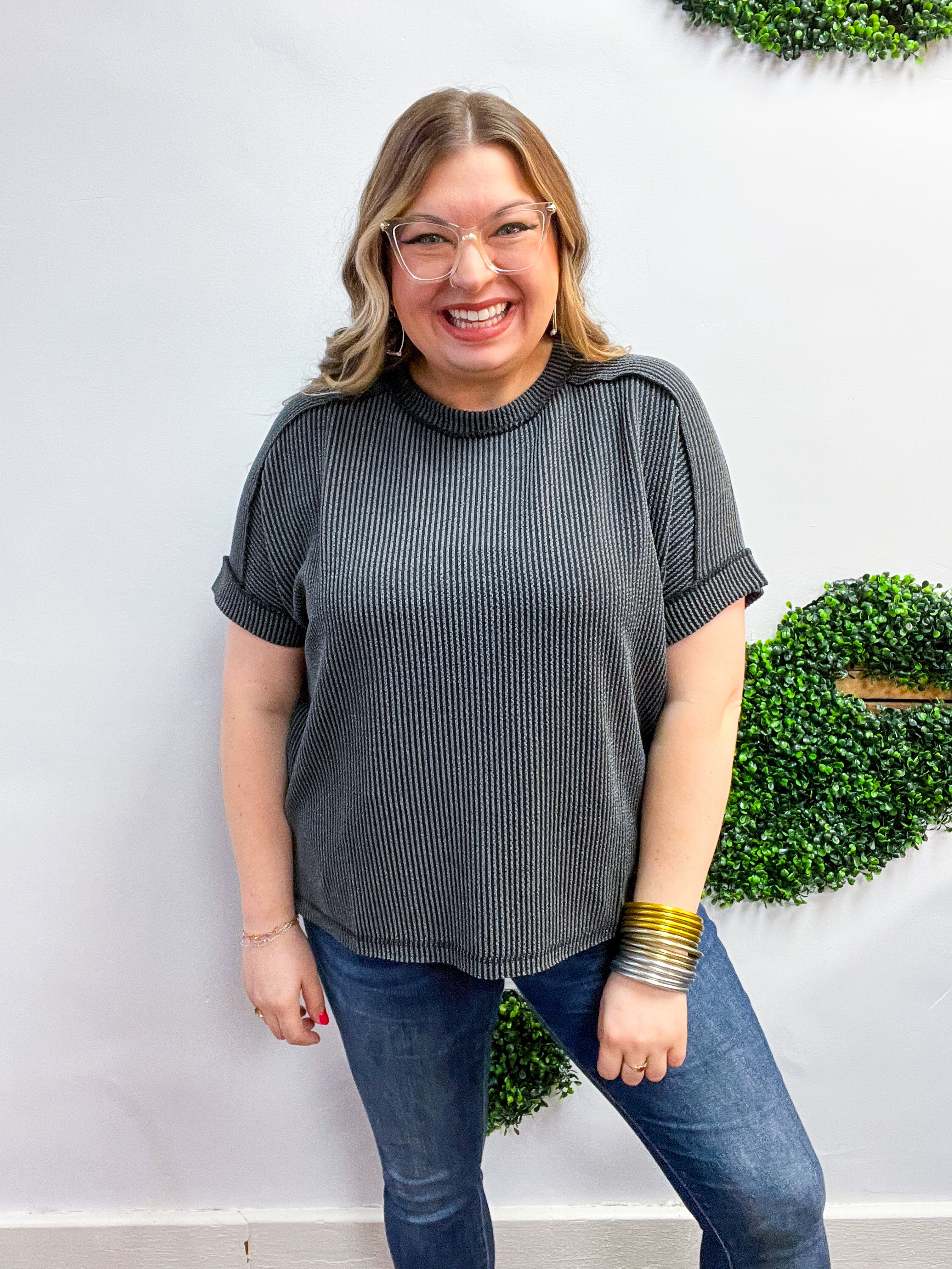 The Textured Take Raised Rib Short Sleeve Top in Charcoal