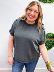 The Textured Take Raised Rib Short Sleeve Top in Charcoal