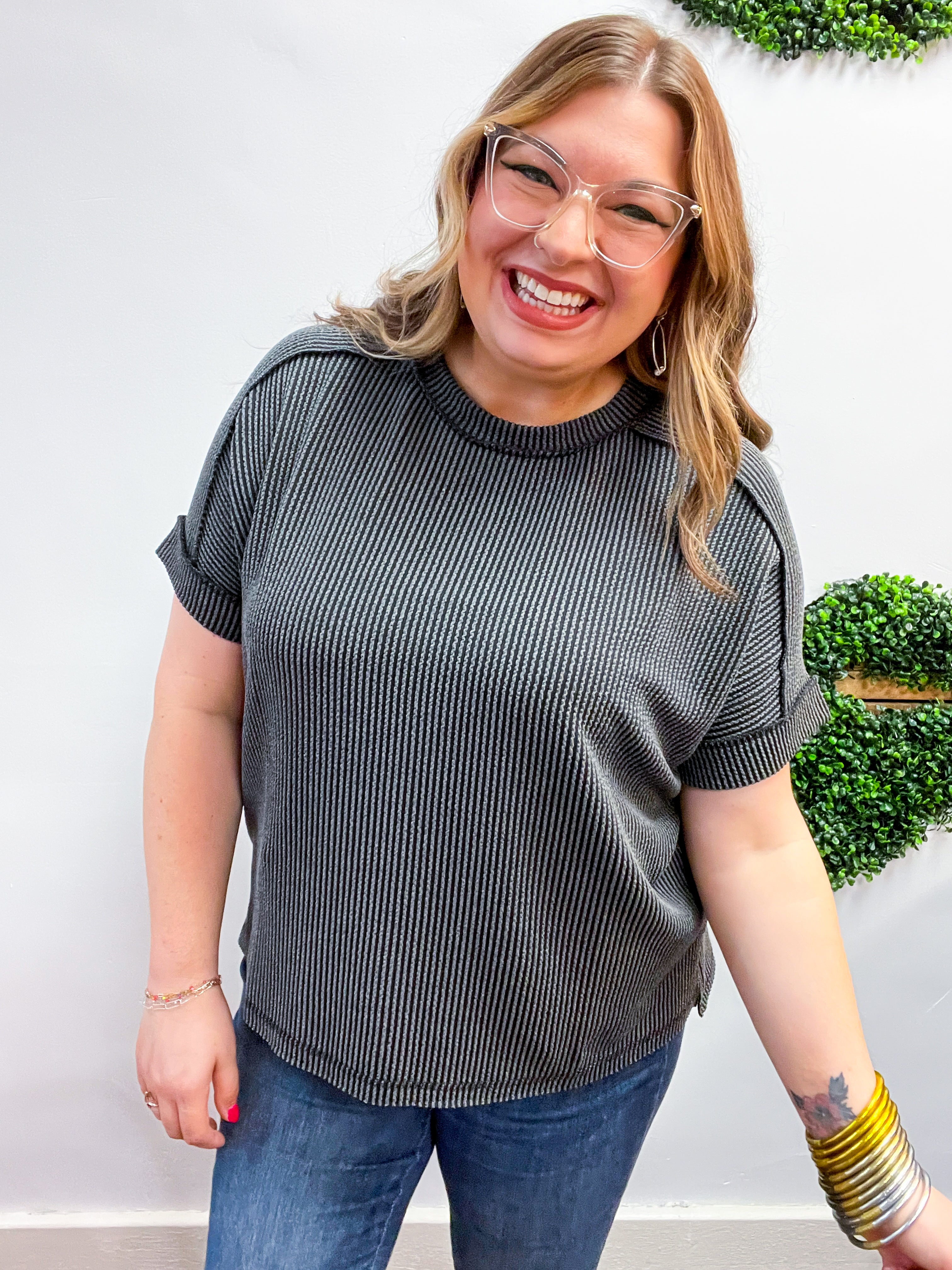 The Textured Take Raised Rib Short Sleeve Top in Charcoal