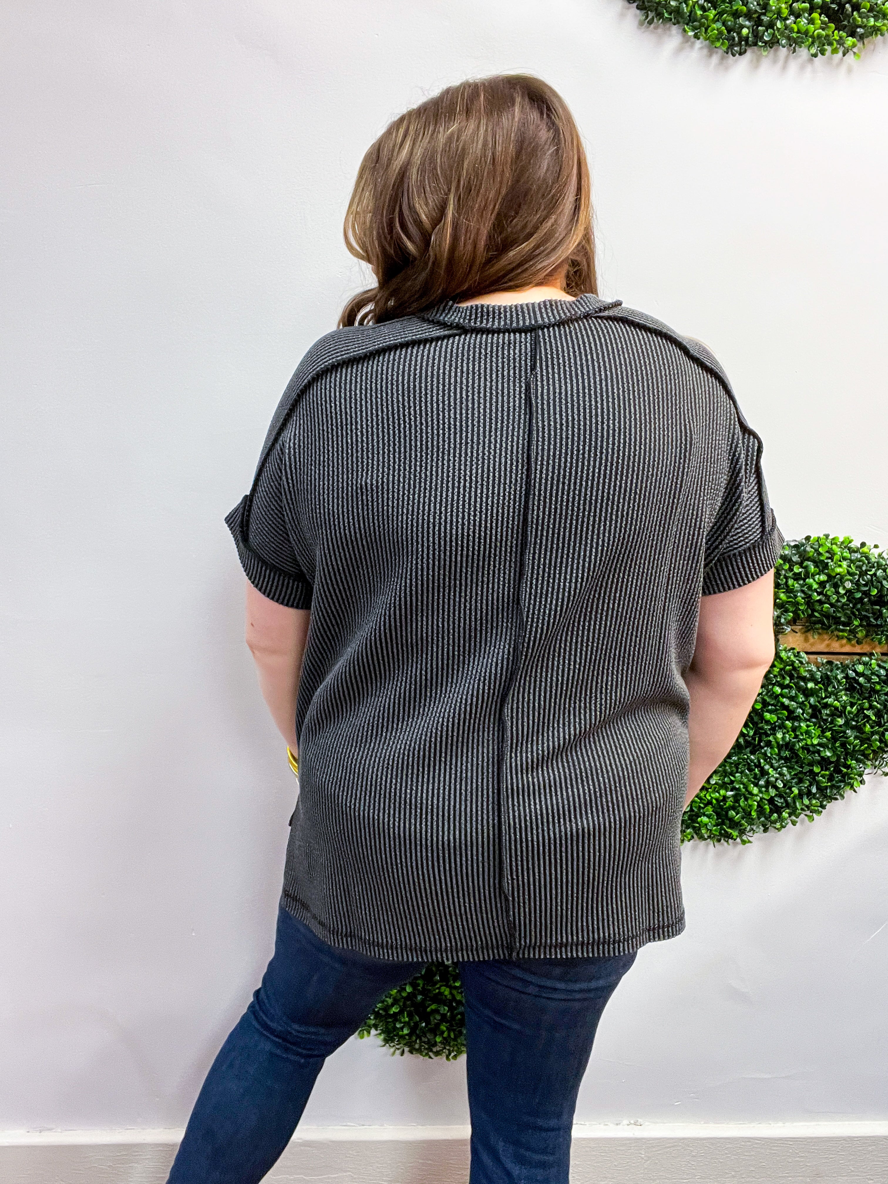 The Textured Take Raised Rib Short Sleeve Top in Charcoal