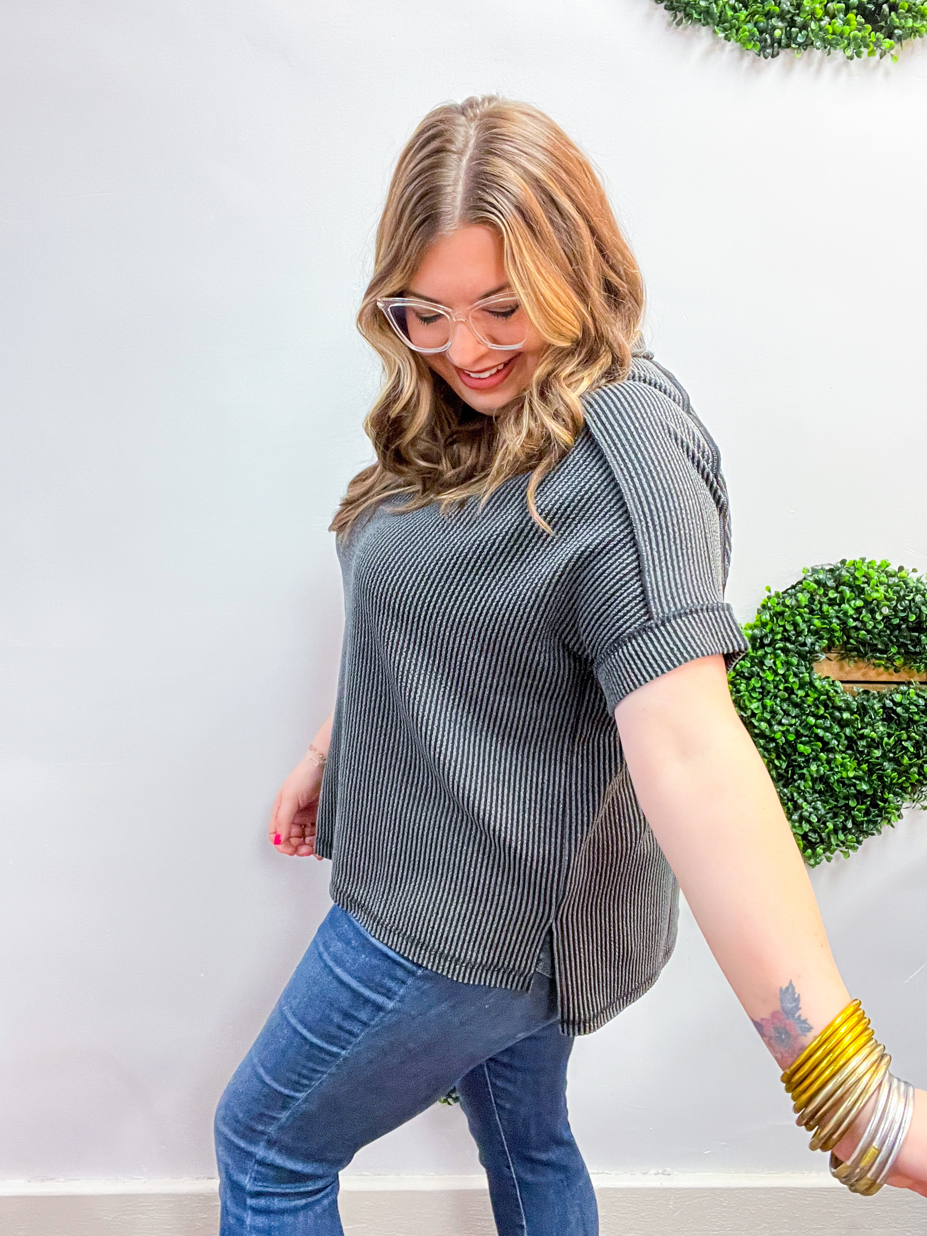 The Textured Take Raised Rib Short Sleeve Top in Charcoal