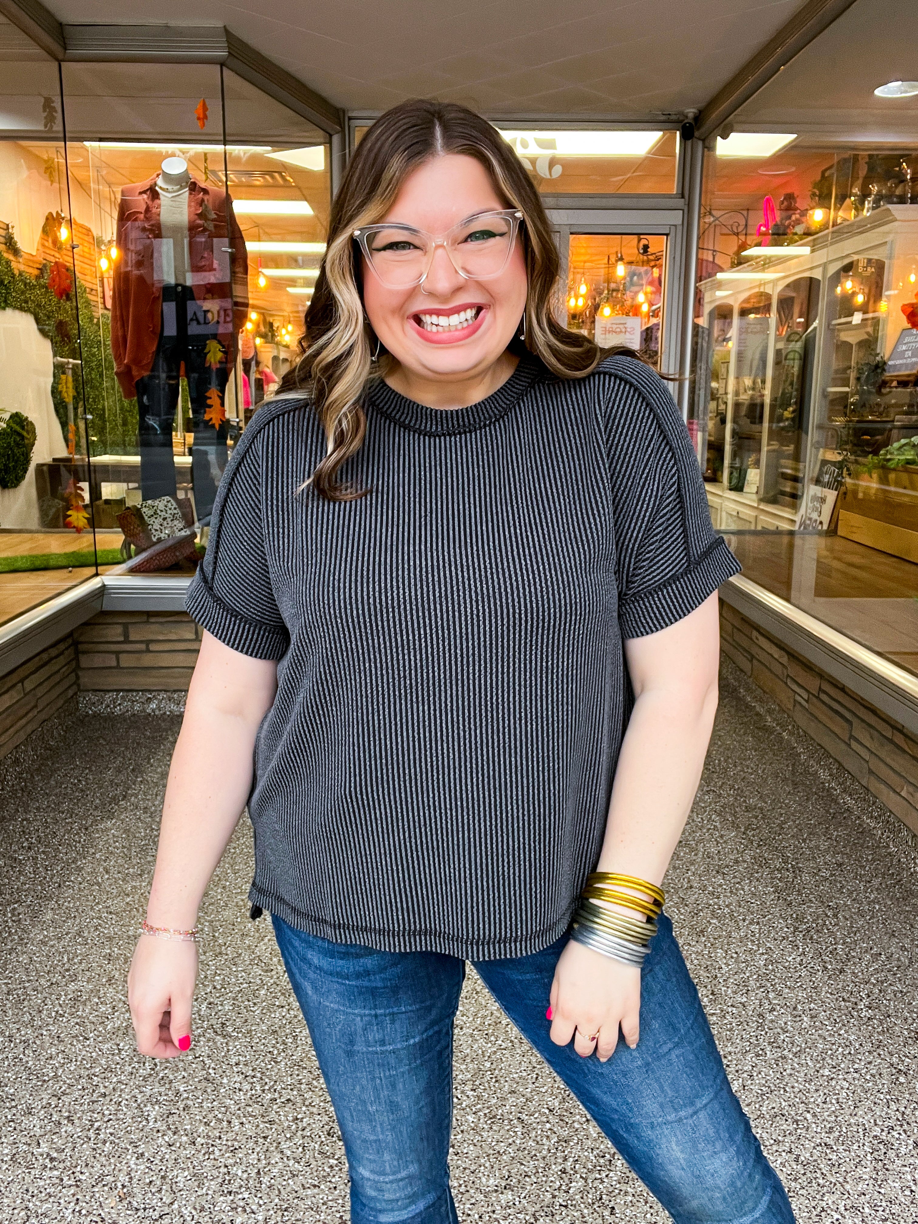 The Textured Take Raised Rib Short Sleeve Top in Charcoal