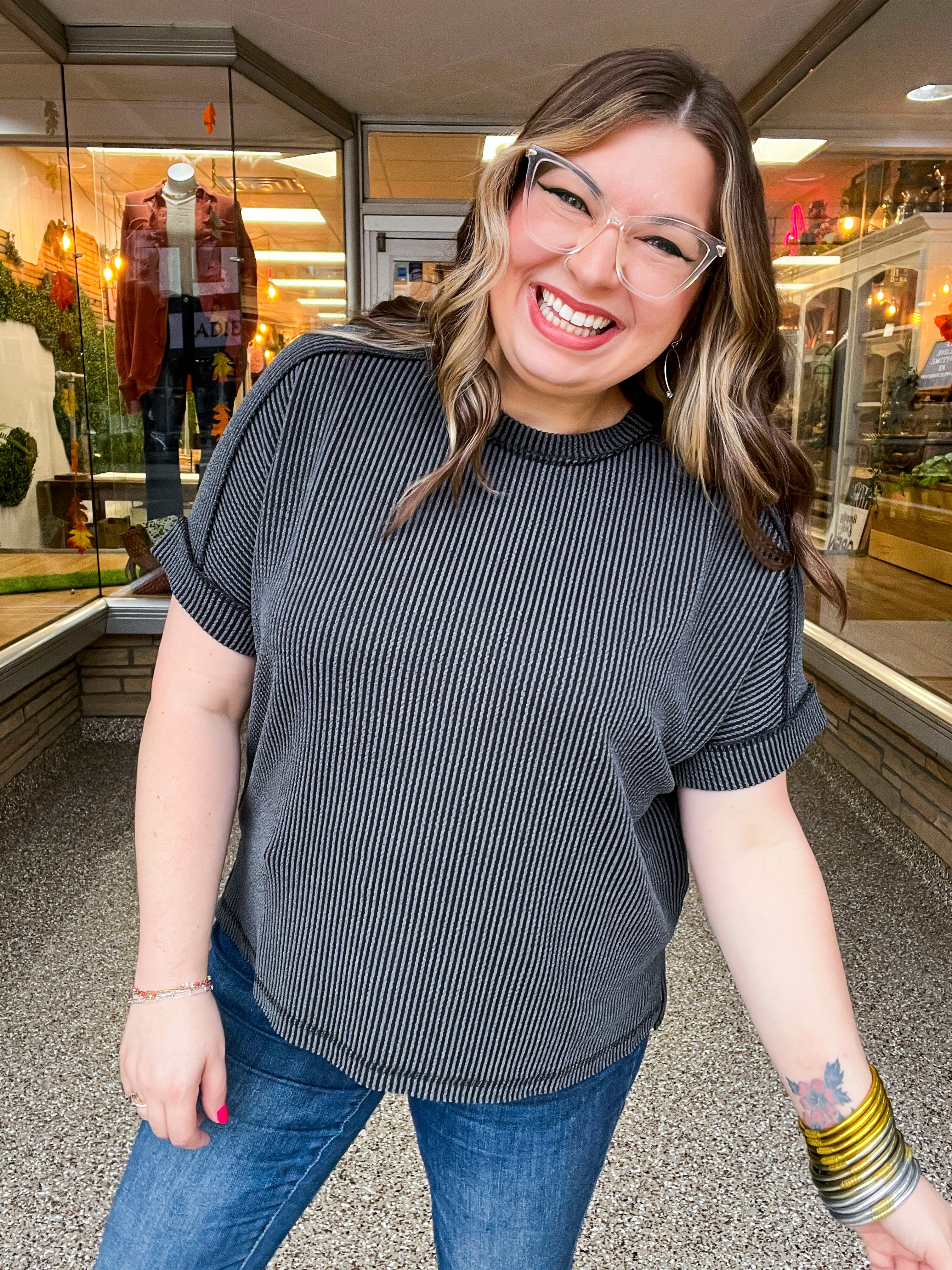 The Textured Take Raised Rib Short Sleeve Top in Charcoal