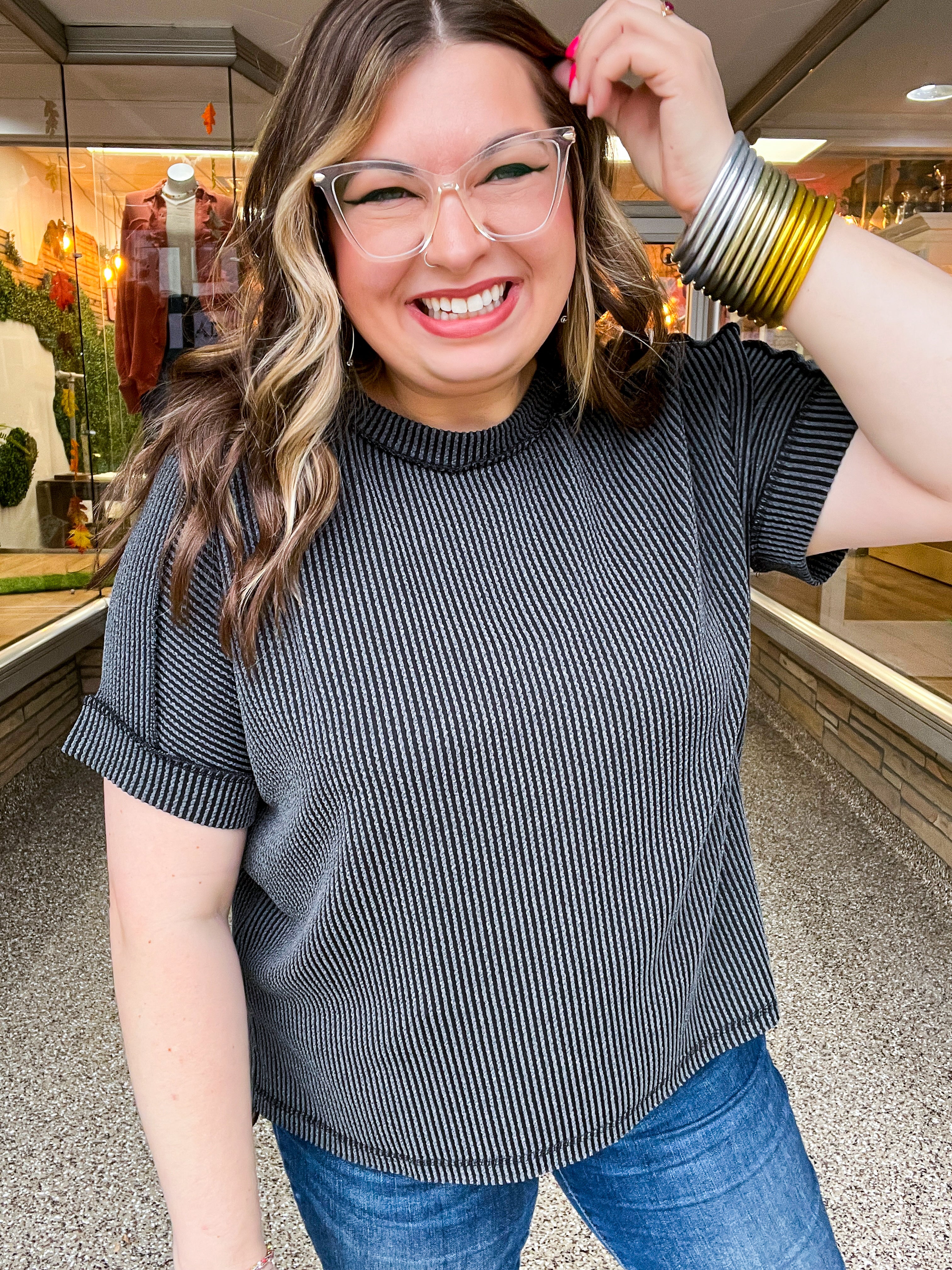 The Textured Take Raised Rib Short Sleeve Top in Charcoal
