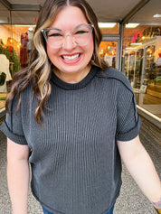 The Textured Take Raised Rib Short Sleeve Top in Charcoal