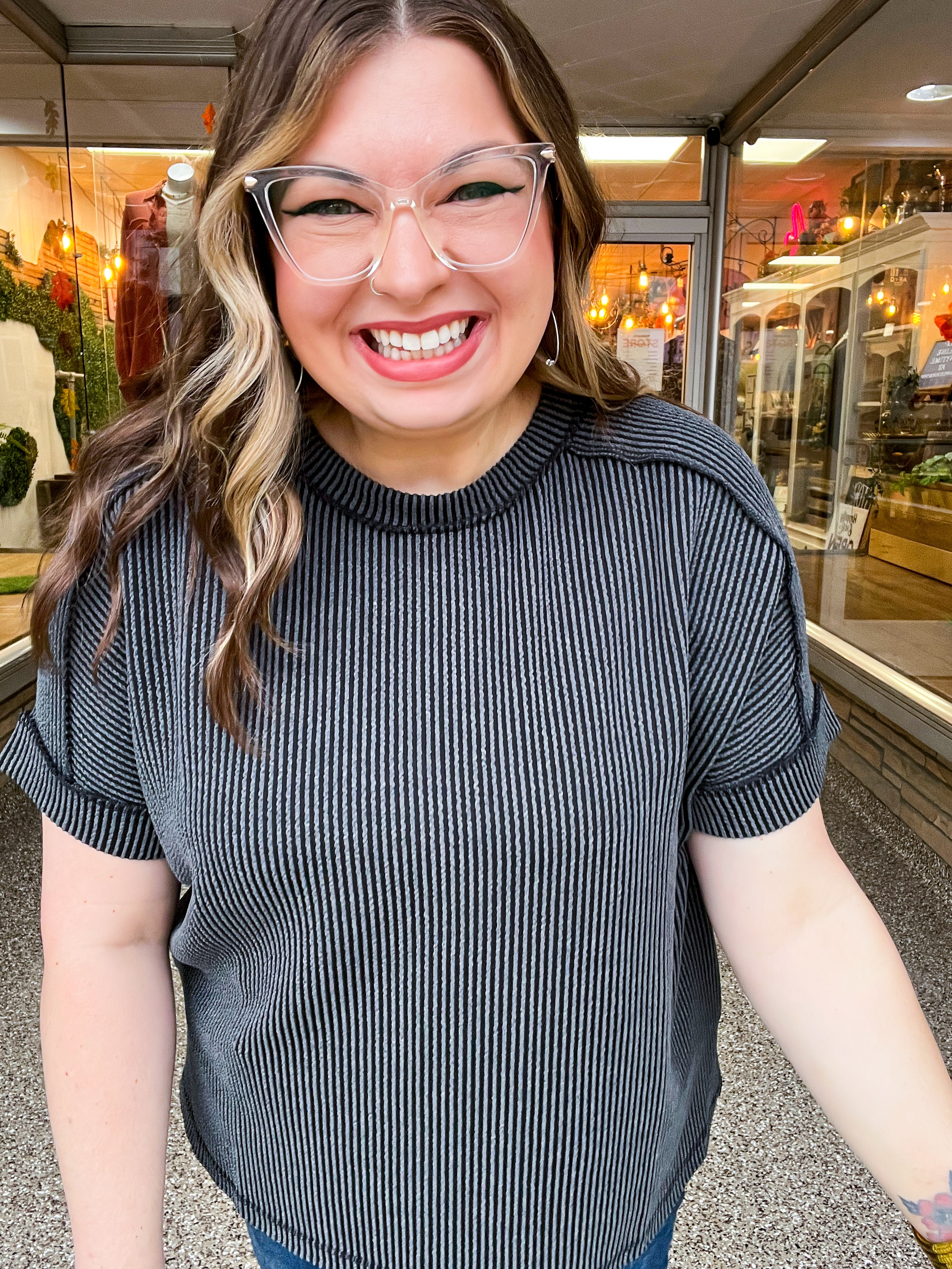The Textured Take Raised Rib Short Sleeve Top in Charcoal