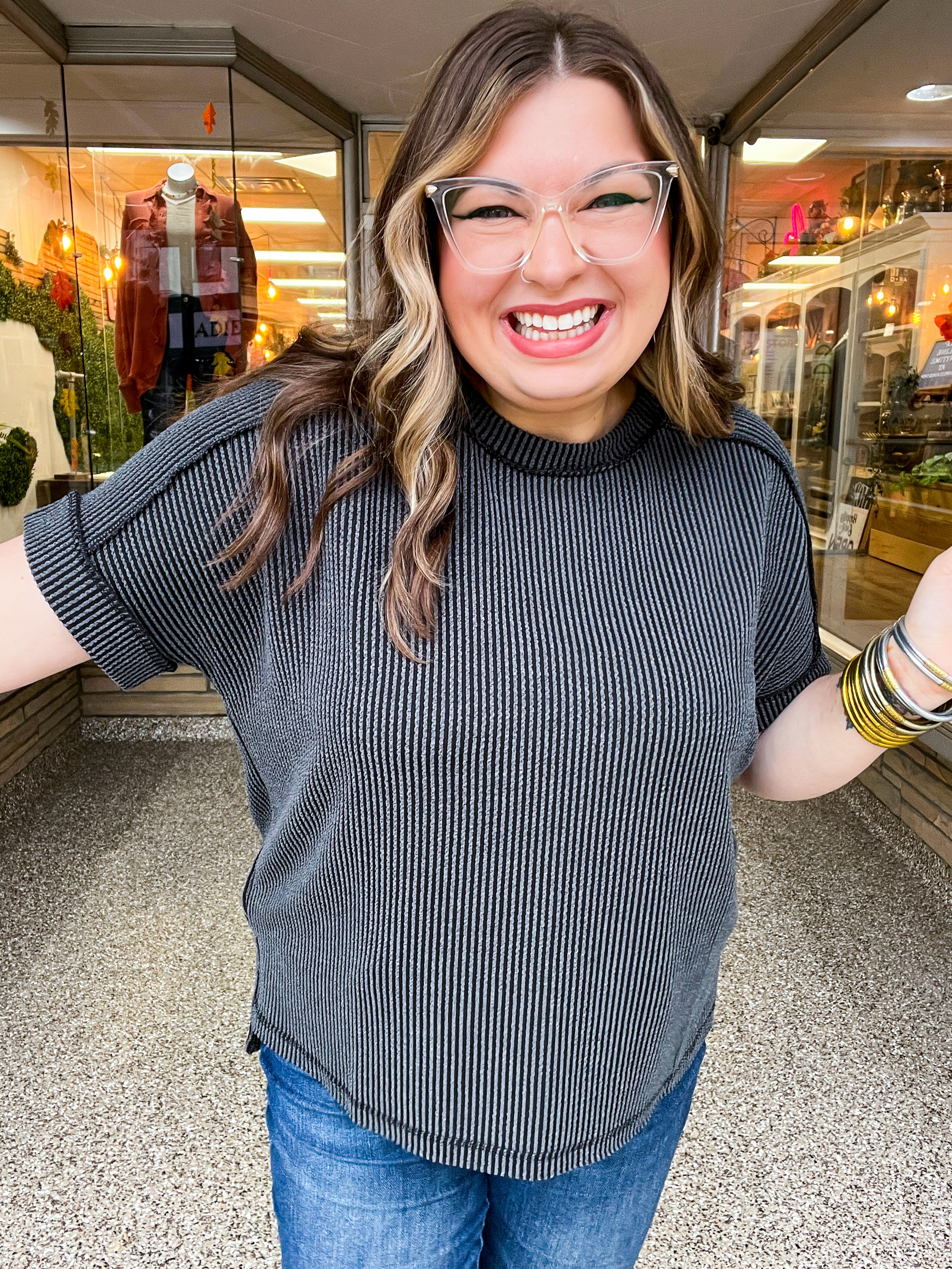 The Textured Take Raised Rib Short Sleeve Top in Charcoal