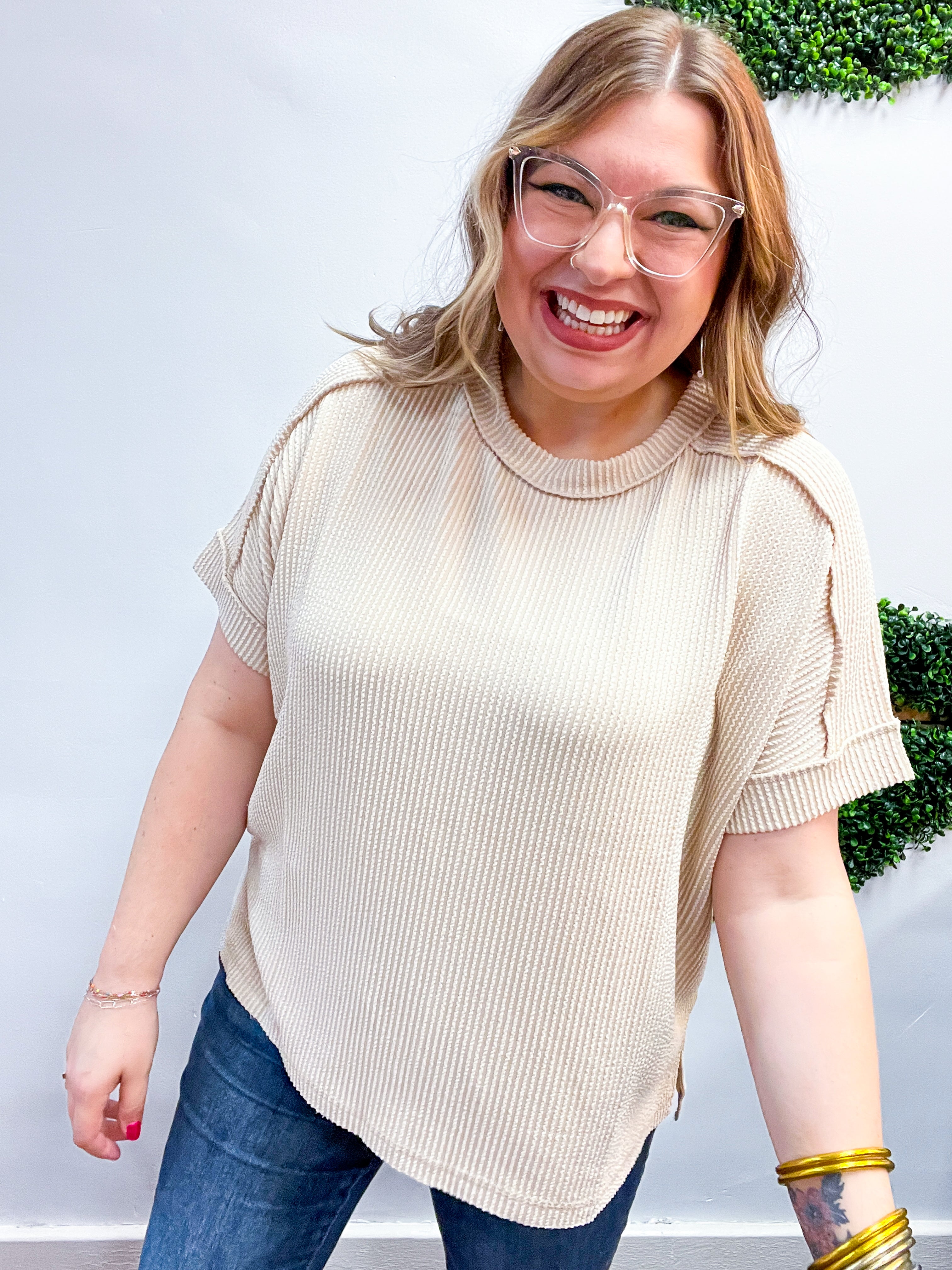 The Textured Take Raised Rib Short Sleeve Top in Sand Beige