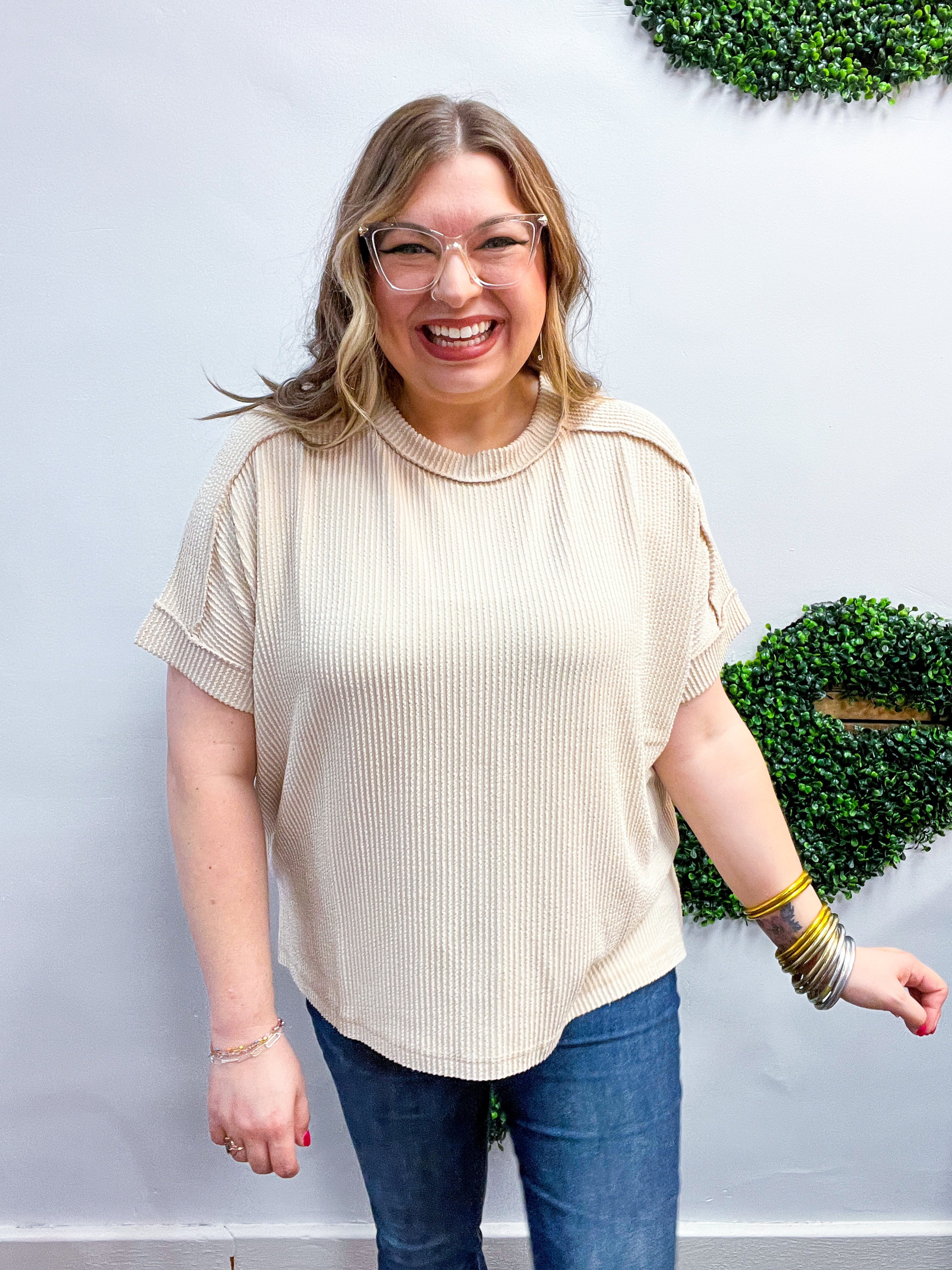 The Textured Take Raised Rib Short Sleeve Top in Sand Beige