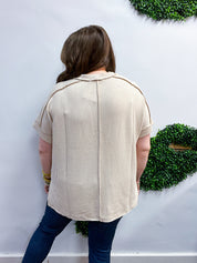 The Textured Take Raised Rib Short Sleeve Top in Sand Beige