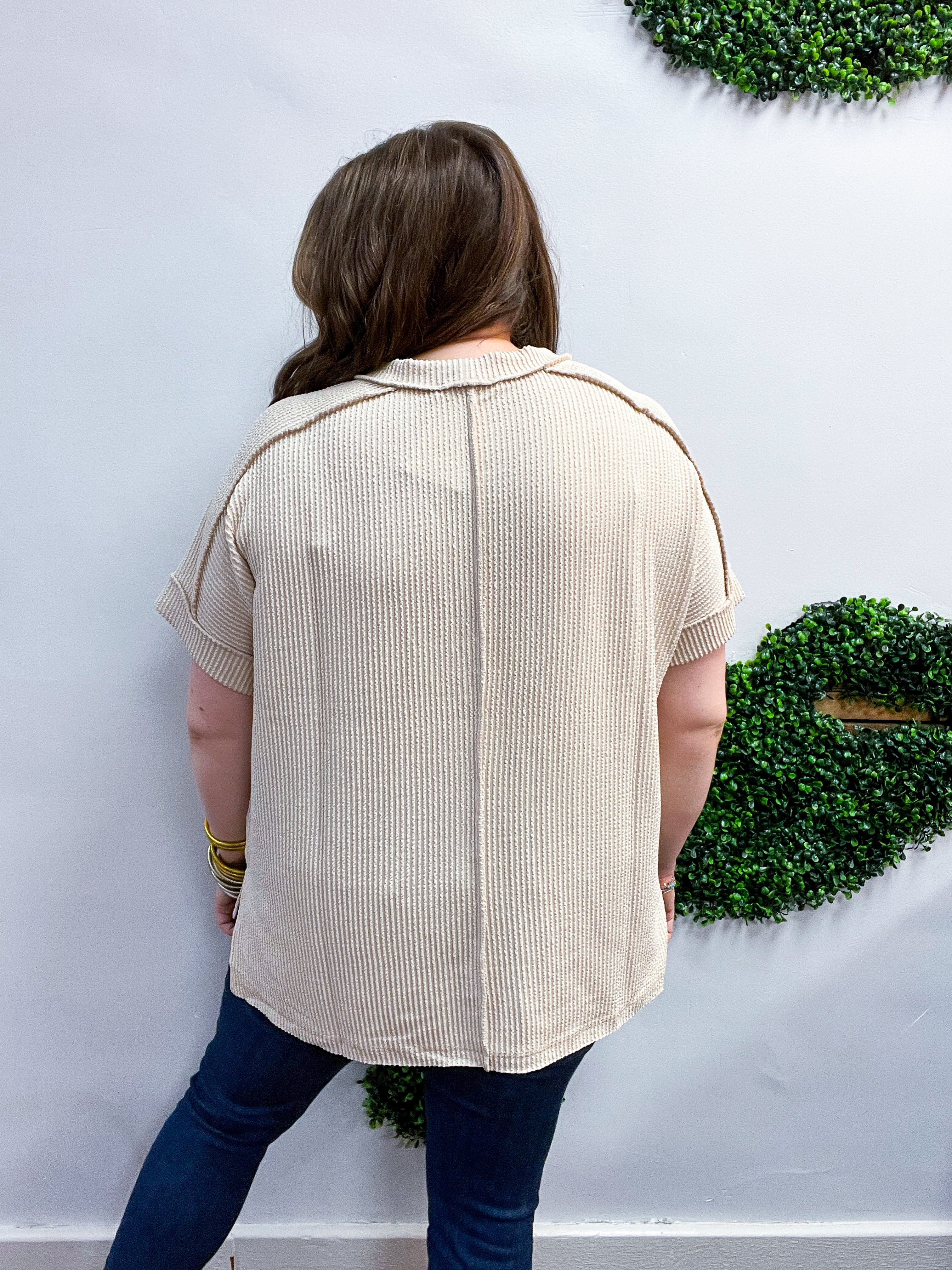 The Textured Take Raised Rib Short Sleeve Top in Sand Beige