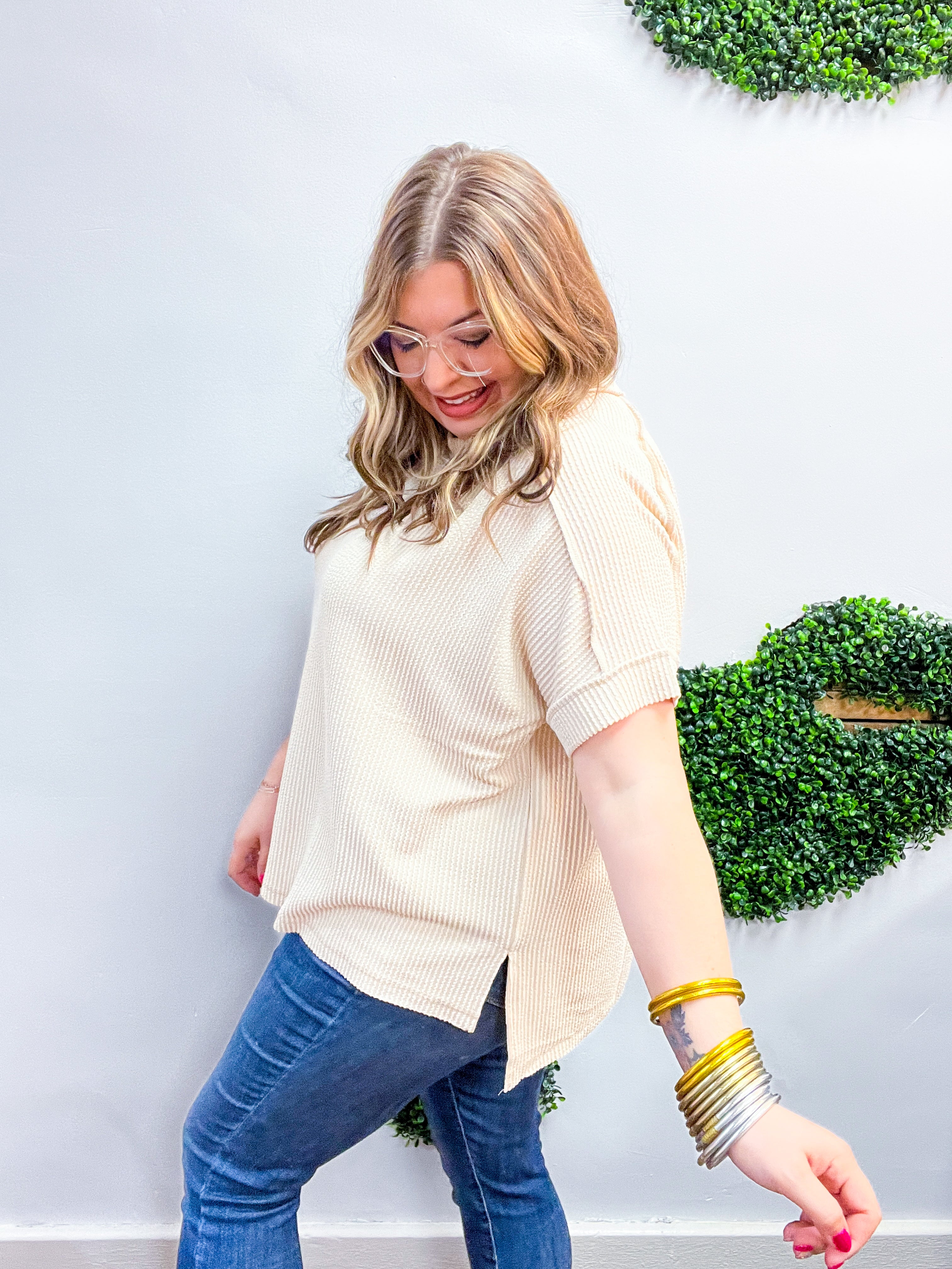 The Textured Take Raised Rib Short Sleeve Top in Sand Beige