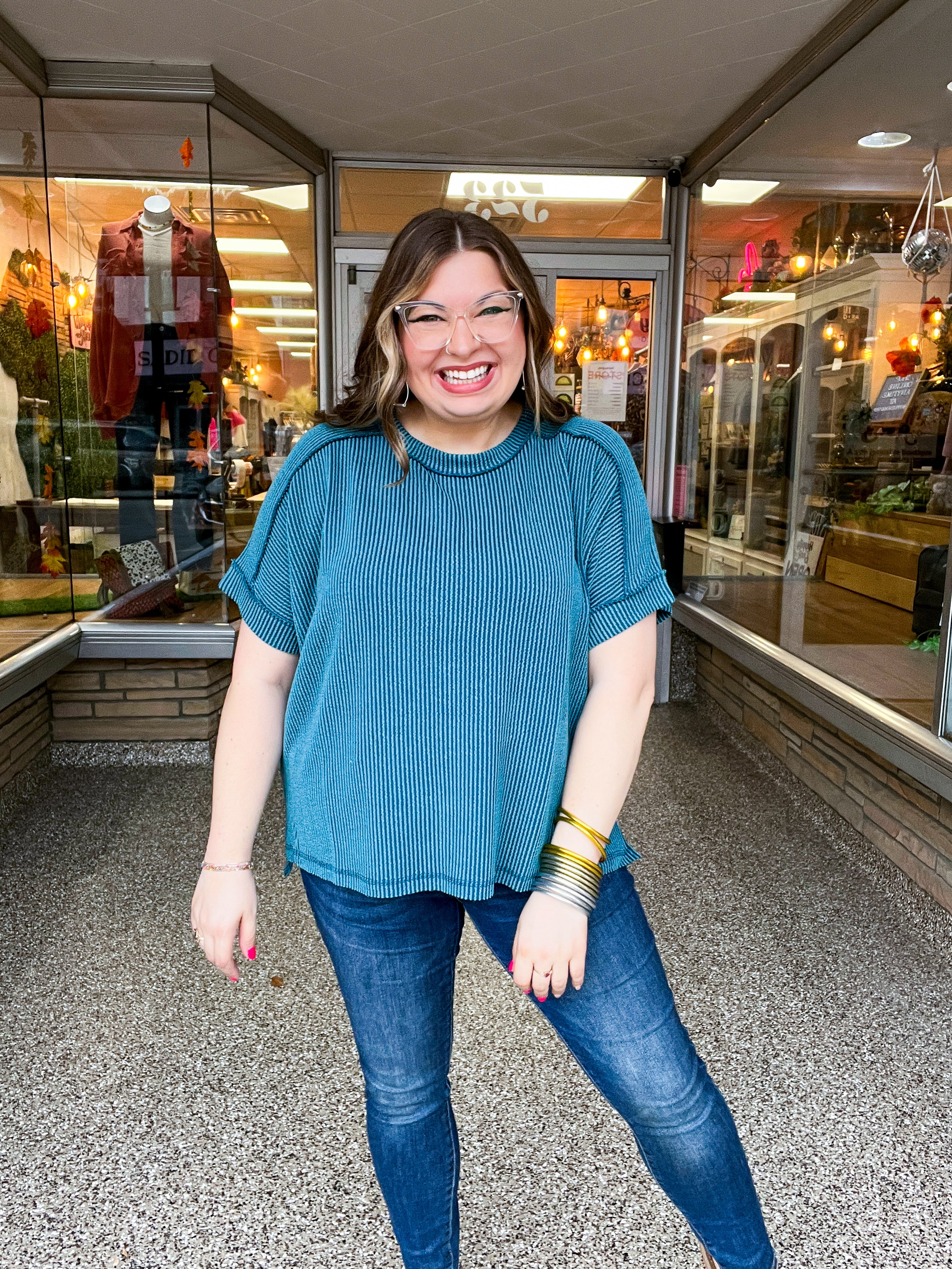 The Textured Take Raised Rib Short Sleeve Top in Teal