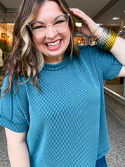 The Textured Take Raised Rib Short Sleeve Top in Teal