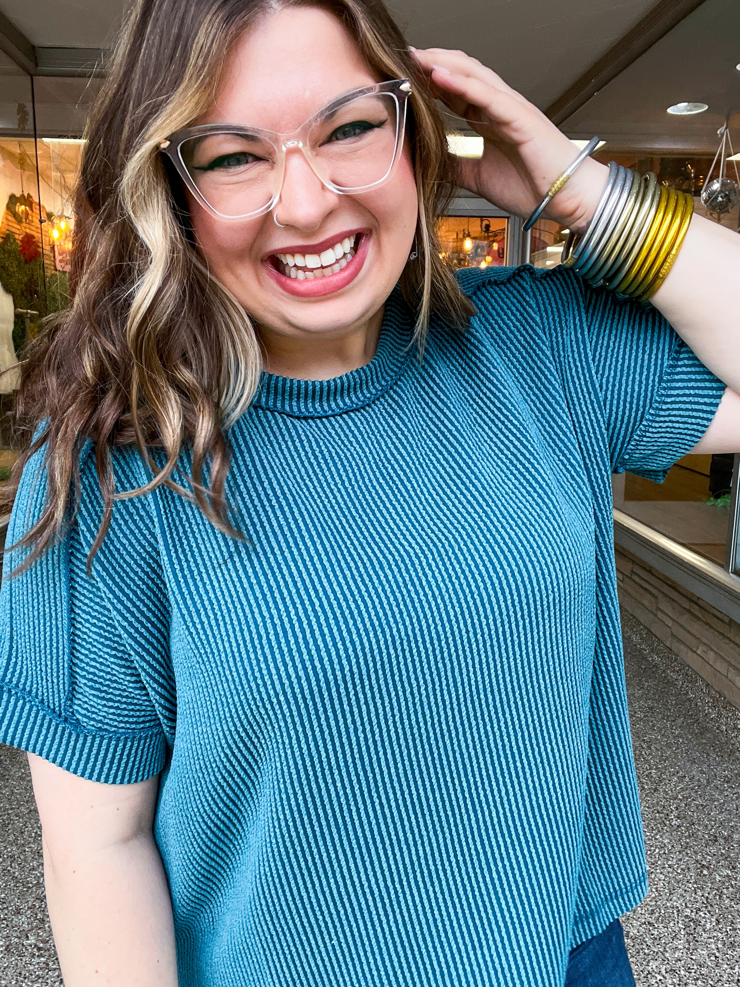 The Textured Take Raised Rib Short Sleeve Top in Teal