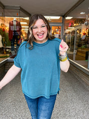 The Textured Take Raised Rib Short Sleeve Top in Teal