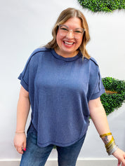 The Textured Take Raised Rib Short Sleeve Top in Navy