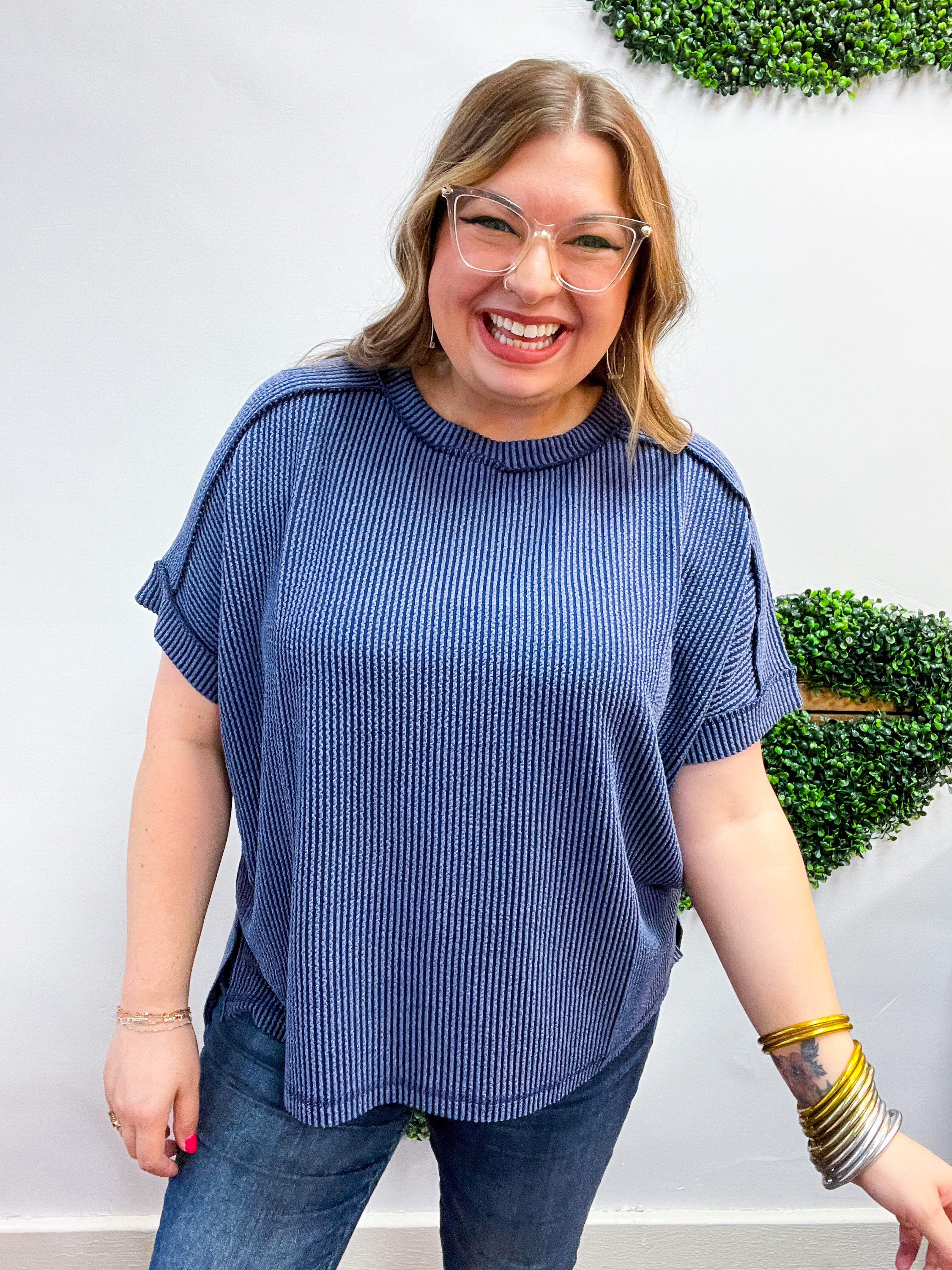 The Textured Take Raised Rib Short Sleeve Top in Navy