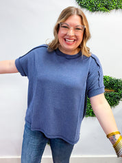 The Textured Take Raised Rib Short Sleeve Top in Navy