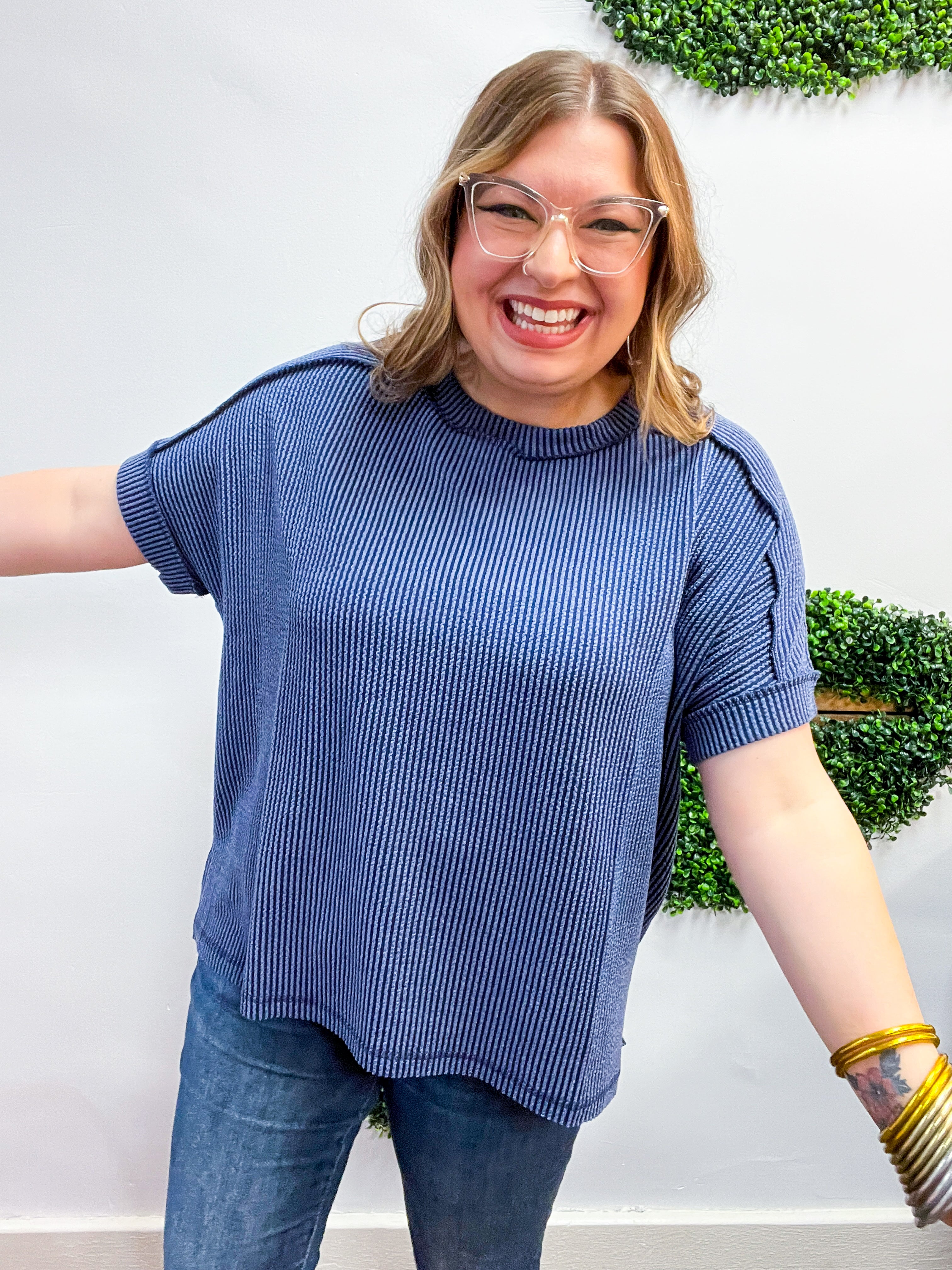 The Textured Take Raised Rib Short Sleeve Top in Navy