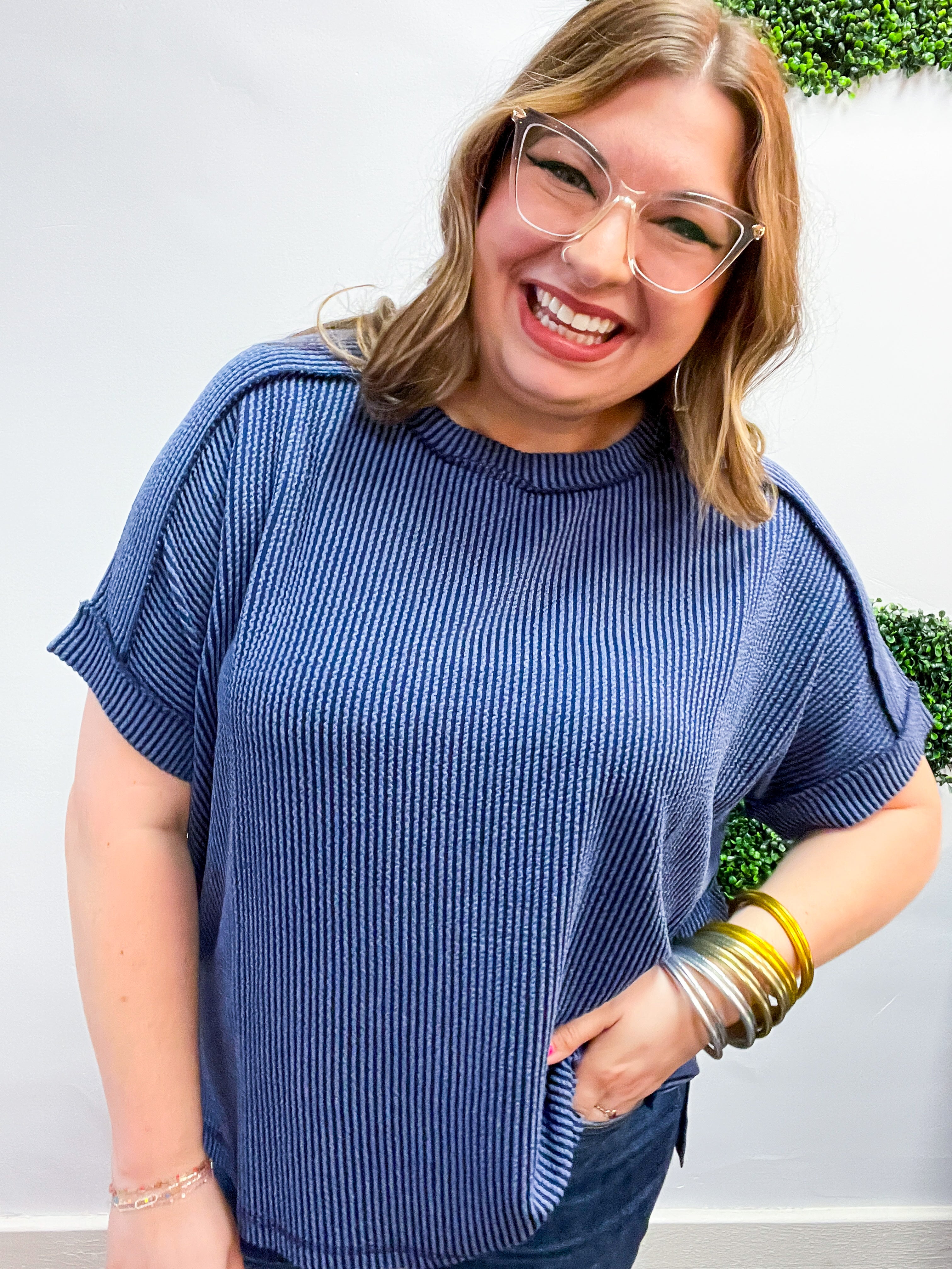 The Textured Take Raised Rib Short Sleeve Top in Navy
