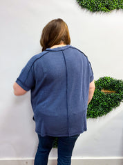 The Textured Take Raised Rib Short Sleeve Top in Navy