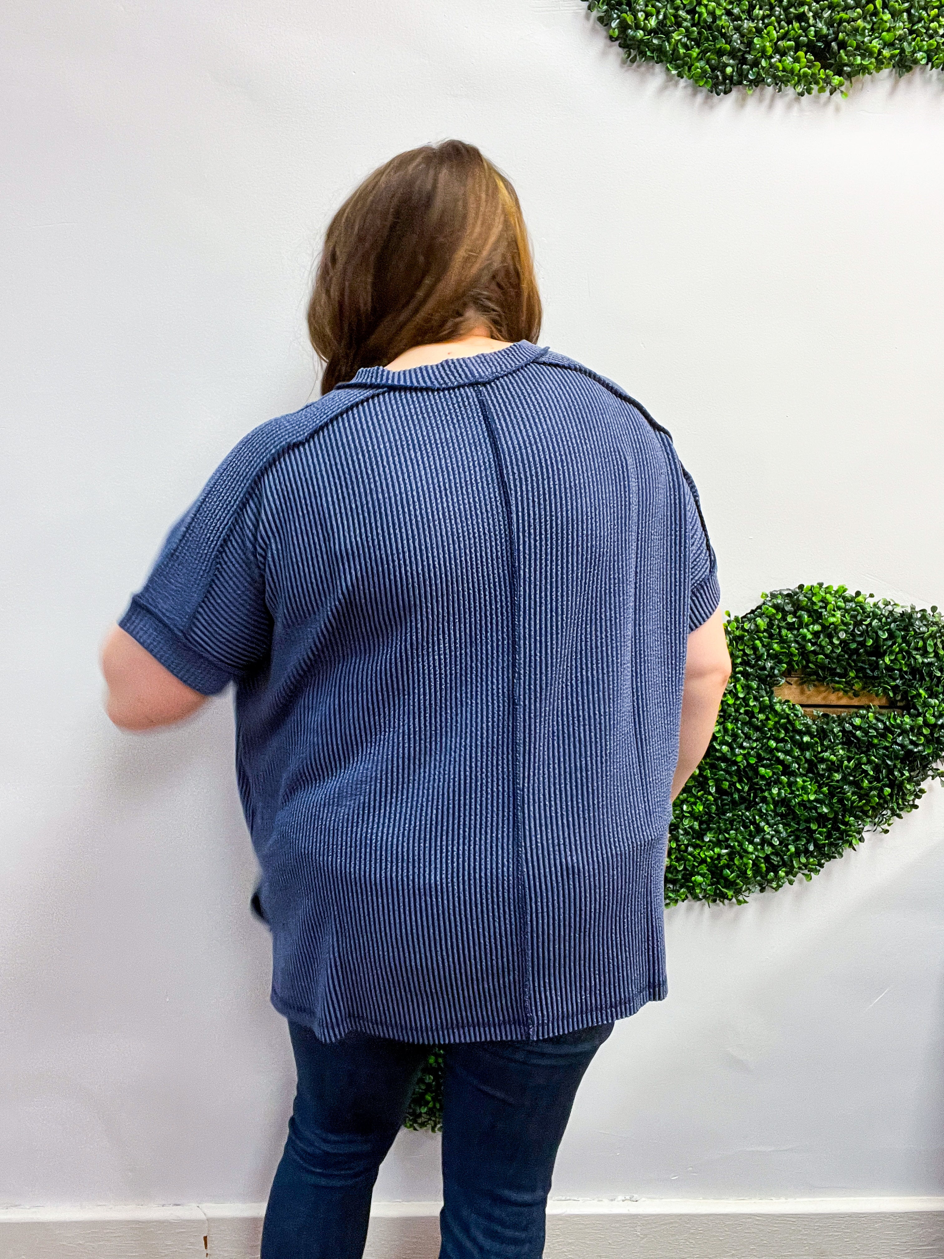 The Textured Take Raised Rib Short Sleeve Top in Navy