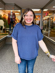 The Textured Take Raised Rib Short Sleeve Top in Navy