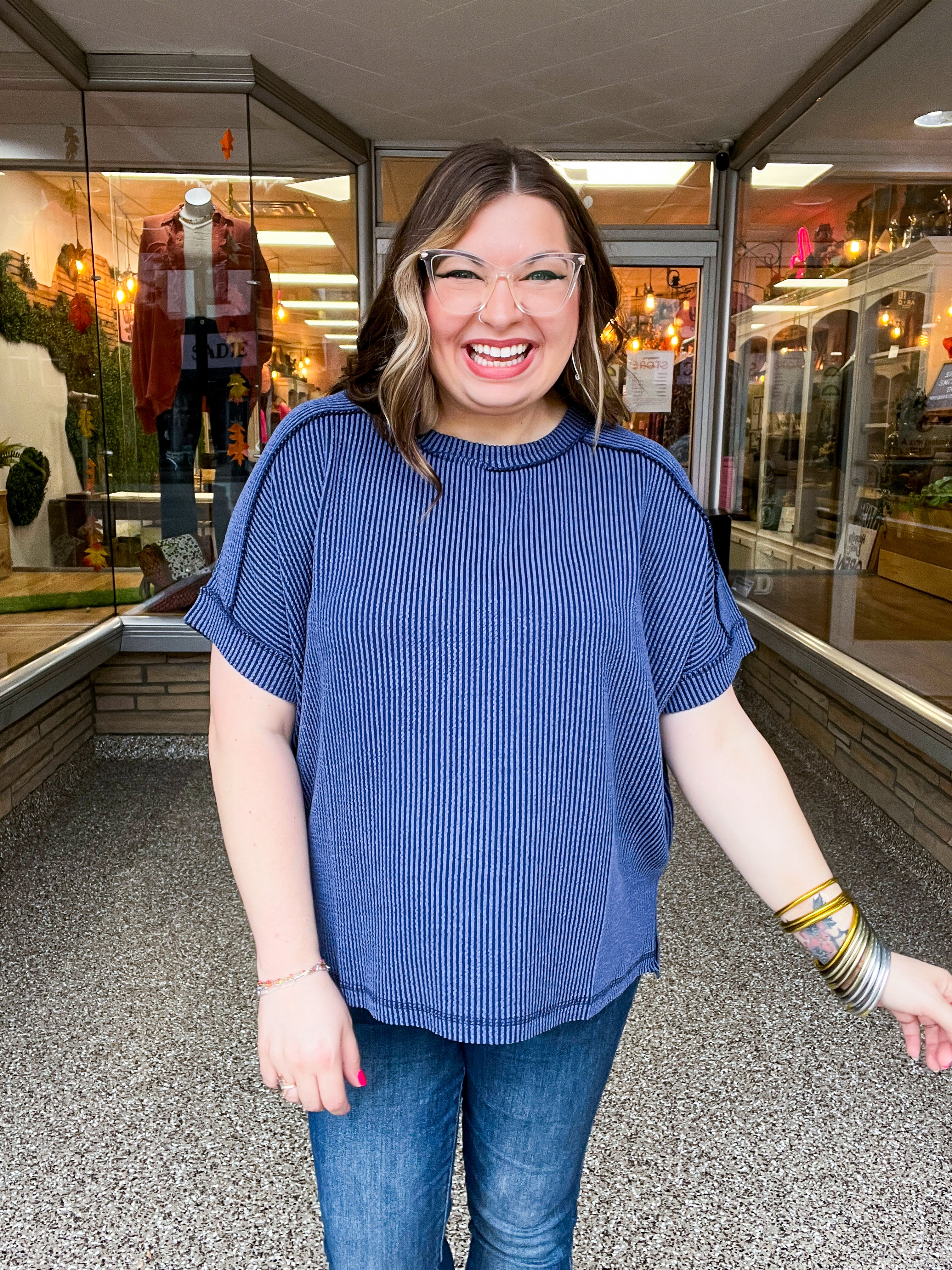 The Textured Take Raised Rib Short Sleeve Top in Navy