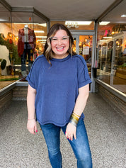 The Textured Take Raised Rib Short Sleeve Top in Navy
