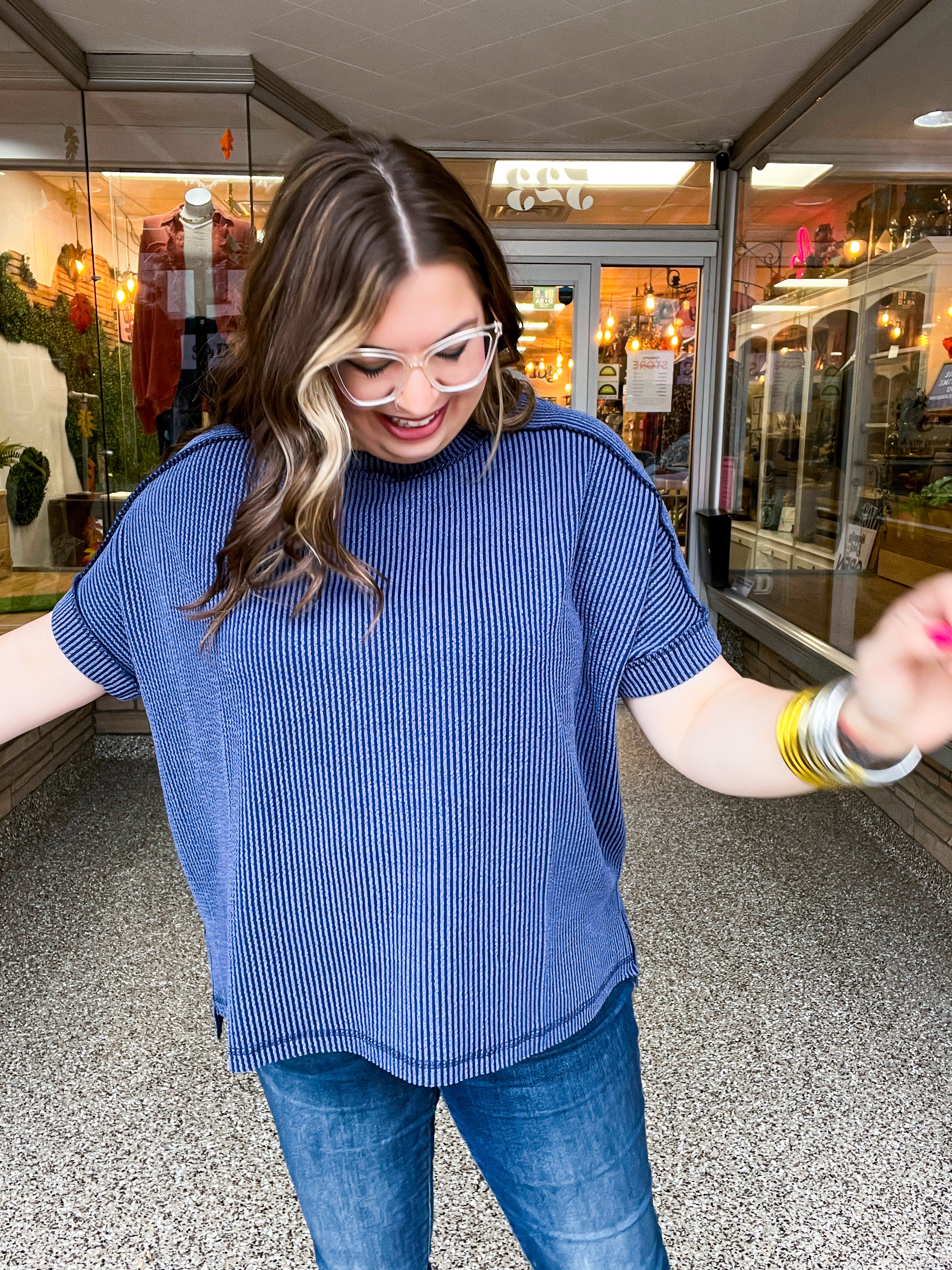 The Textured Take Raised Rib Short Sleeve Top in Navy