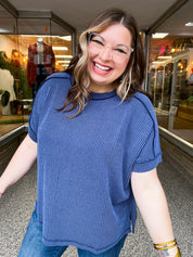 The Textured Take Raised Rib Short Sleeve Top in Navy