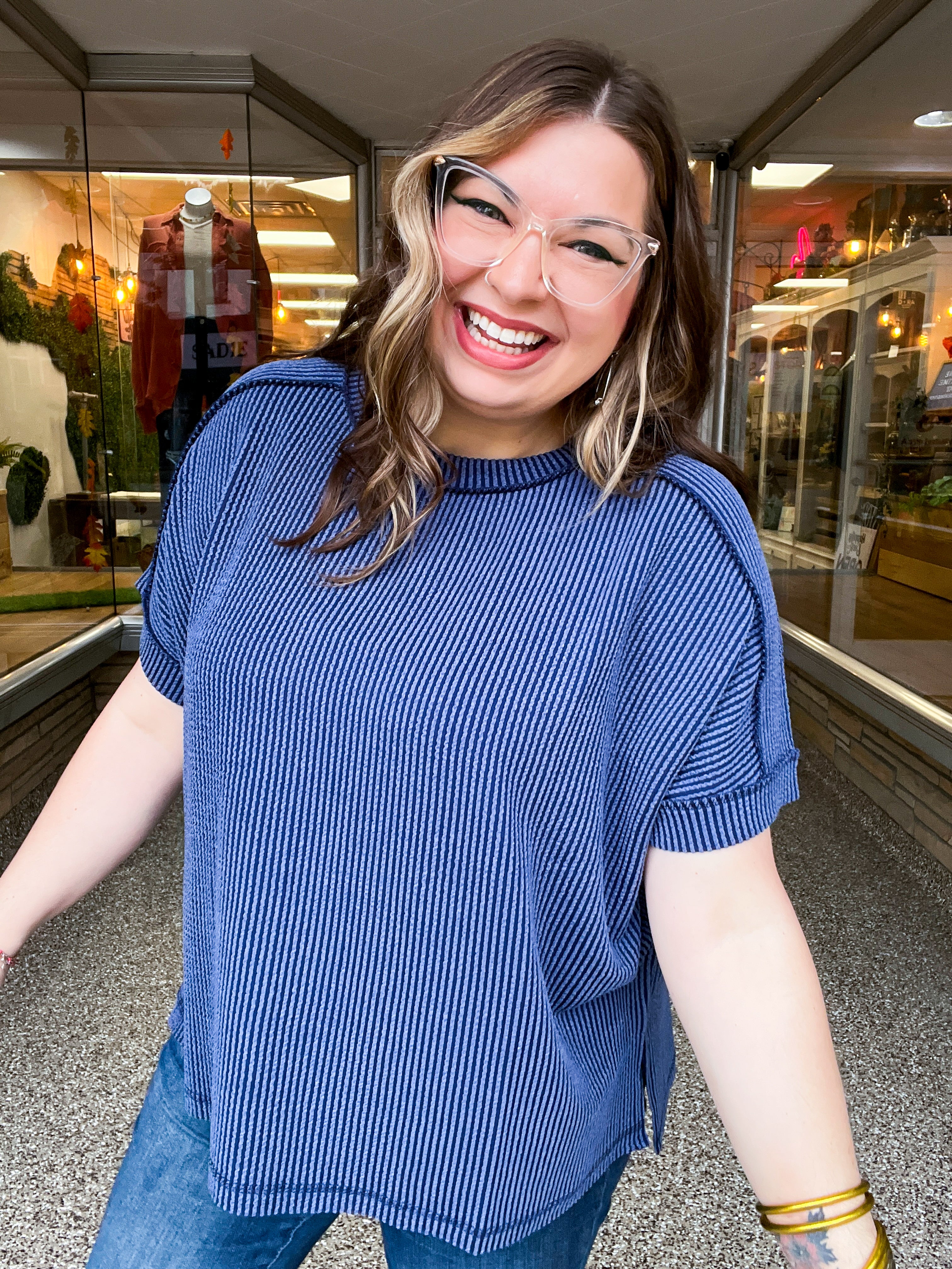 The Textured Take Raised Rib Short Sleeve Top in Navy