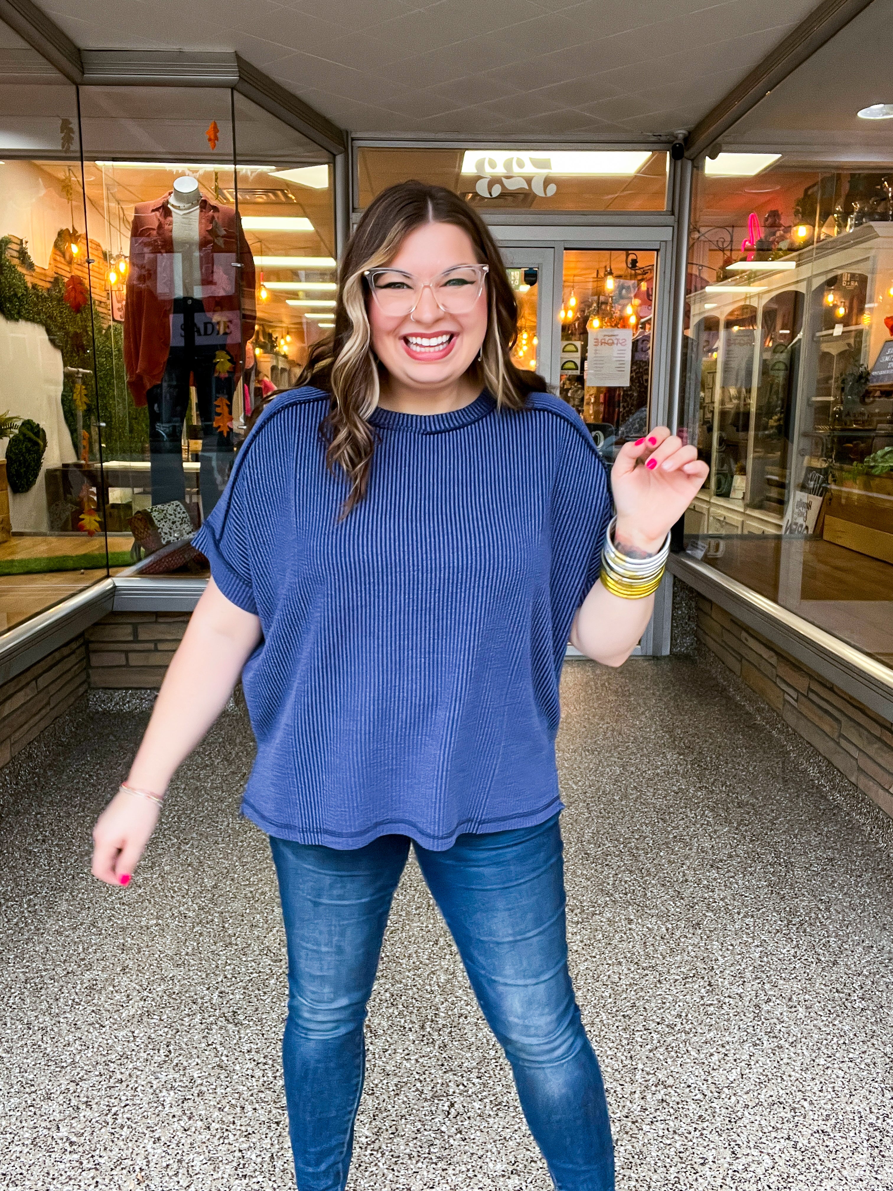 The Textured Take Raised Rib Short Sleeve Top in Navy