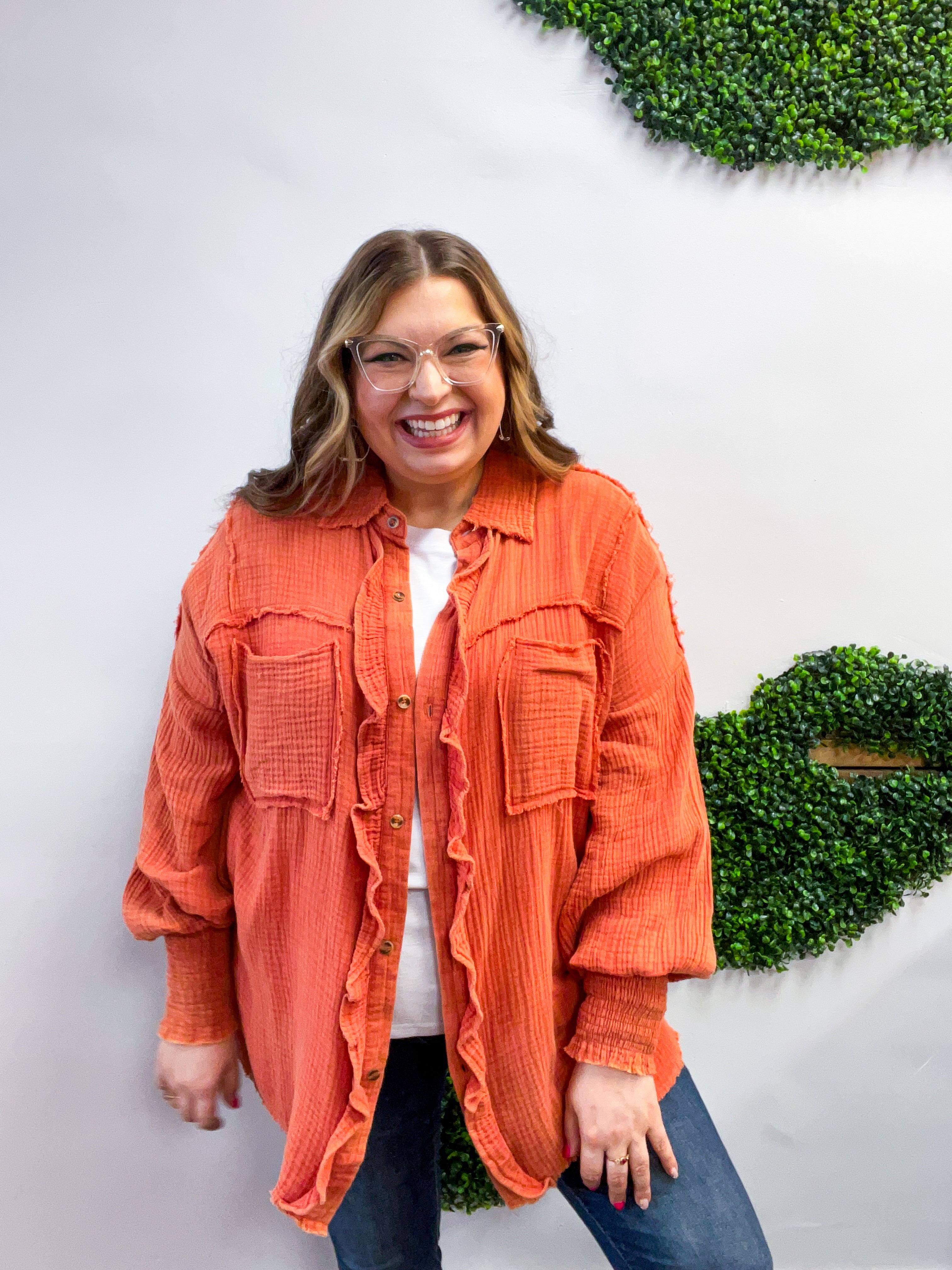 Rustic Ruffles Shacket in Rust
