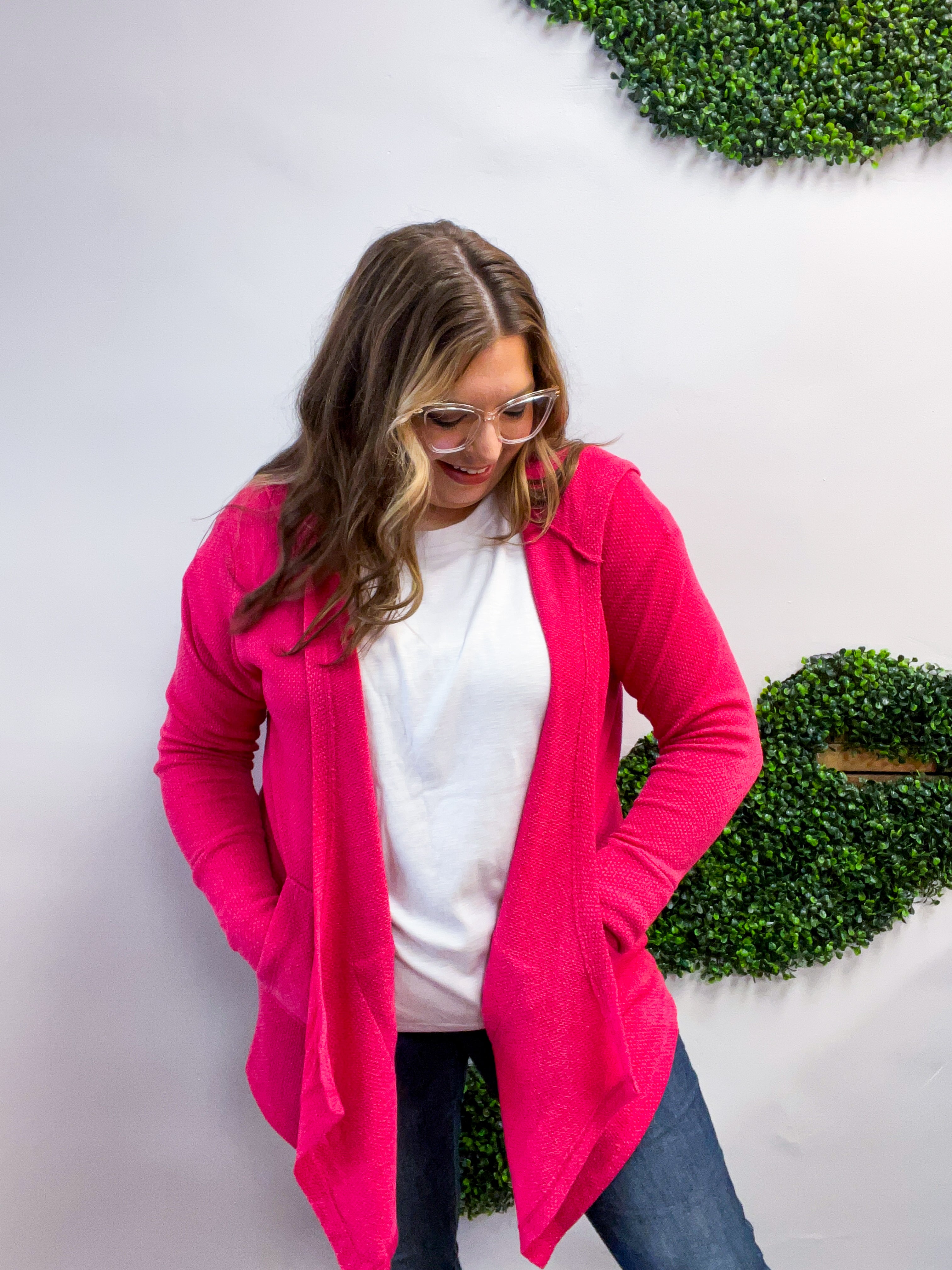 Porch Days Thermal Hooded Cardigan in Fuchsia