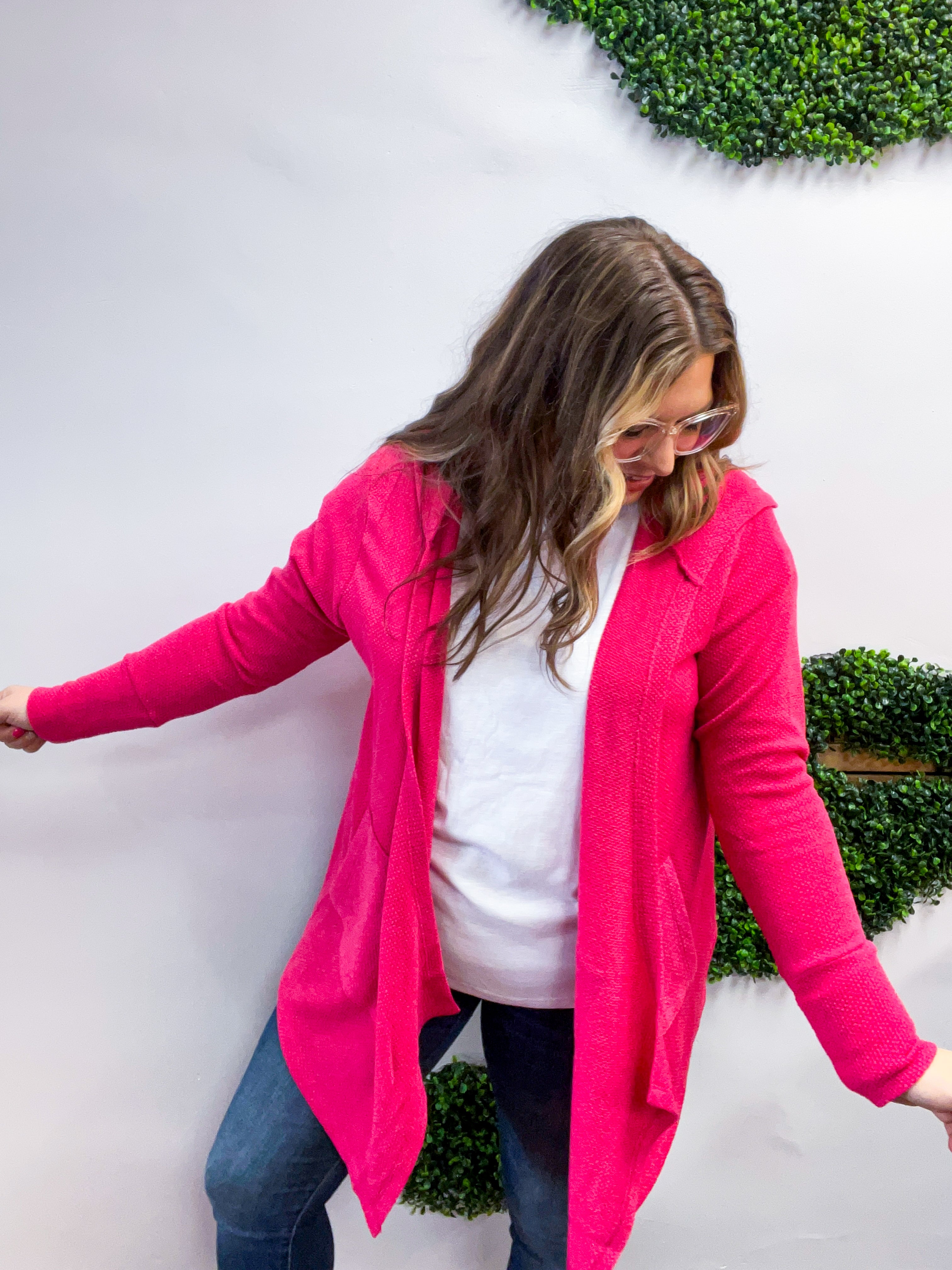 Porch Days Thermal Hooded Cardigan in Fuchsia