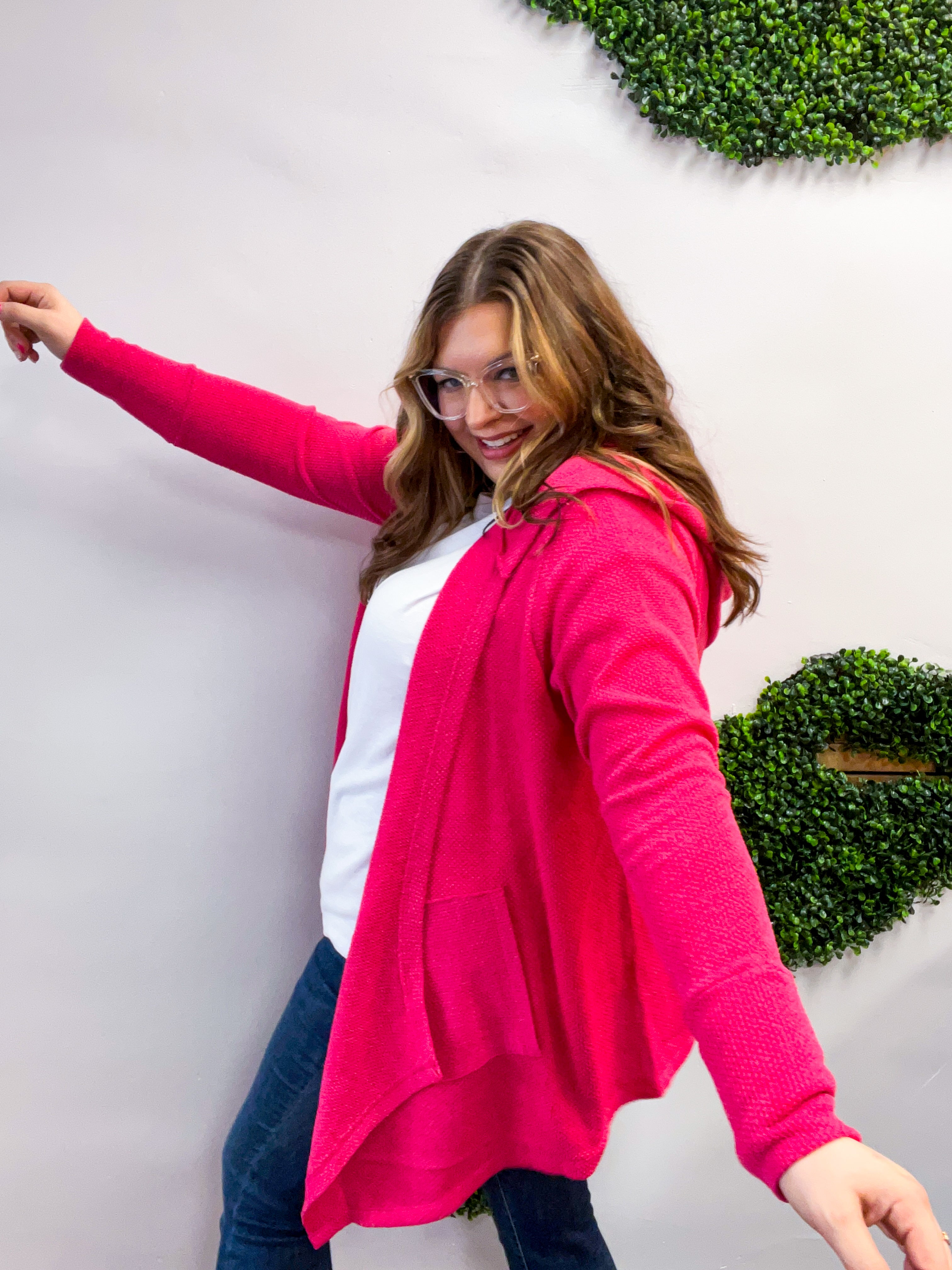 Porch Days Thermal Hooded Cardigan in Fuchsia