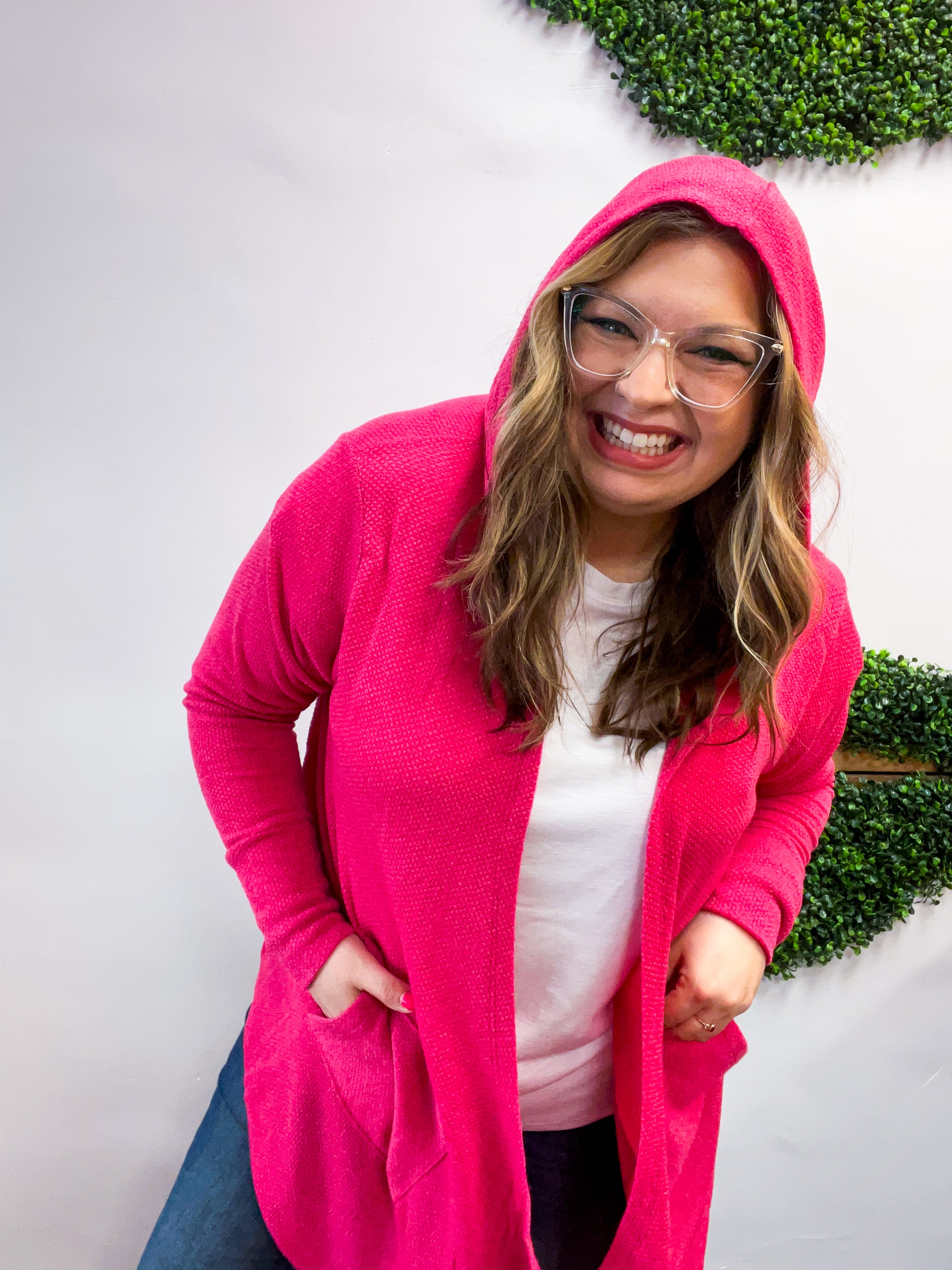 Porch Days Thermal Hooded Cardigan in Fuchsia