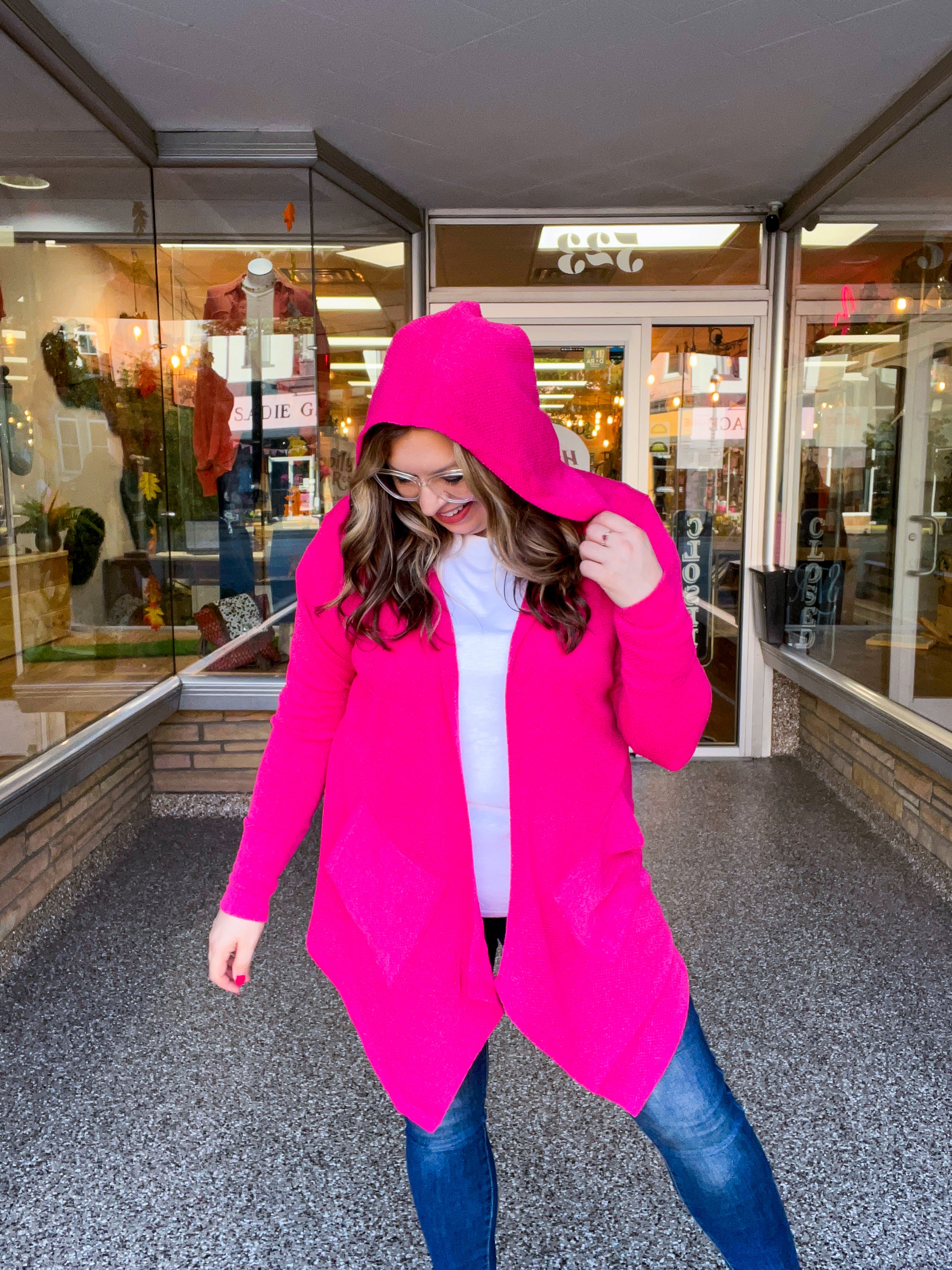 Porch Days Thermal Hooded Cardigan in Fuchsia